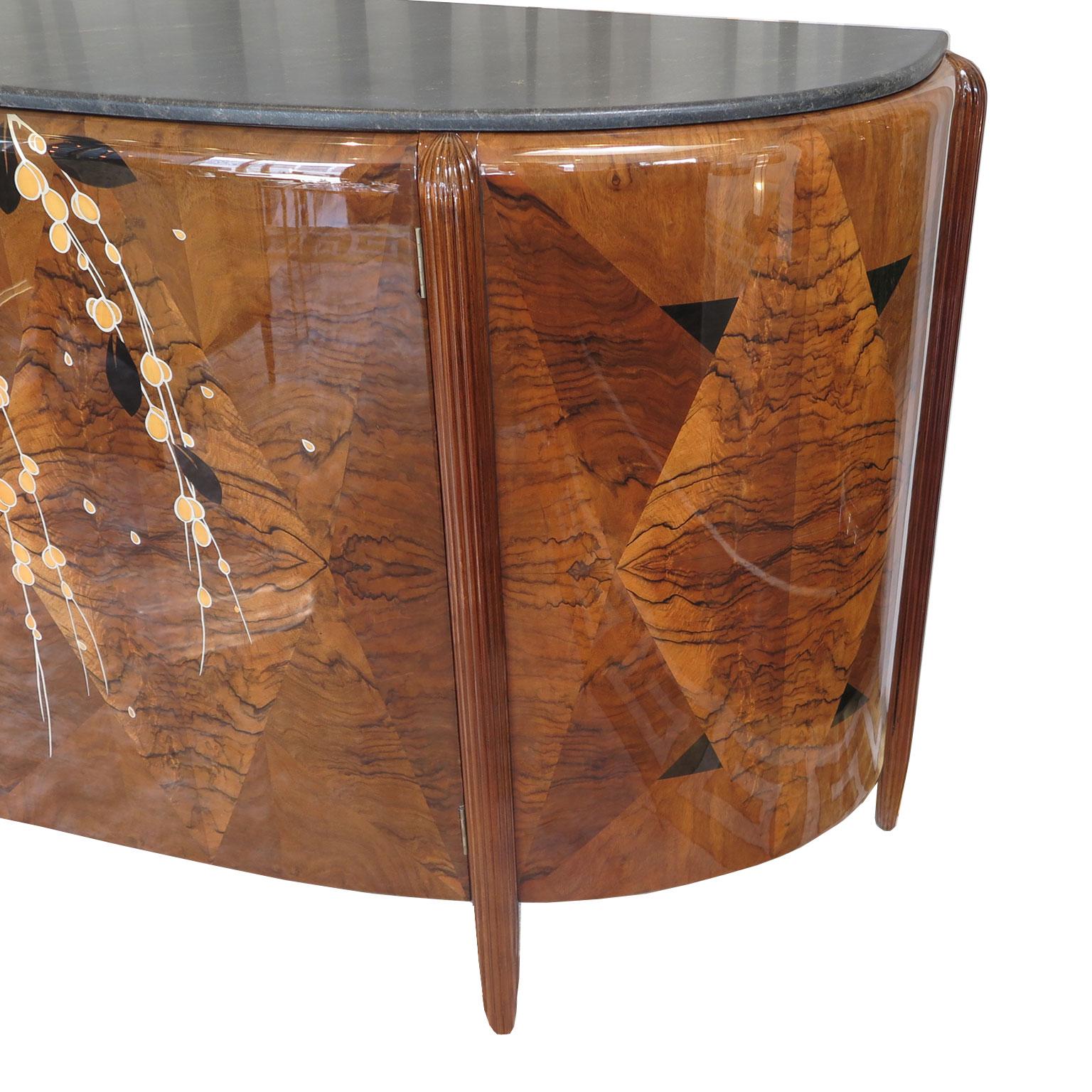 French Art Deco Sideboard by Michel Dufet in Walnut with Floral Marquetry 2