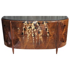 Credenza Art Deco francese di Michel Dufet in noce con intarsi floreali