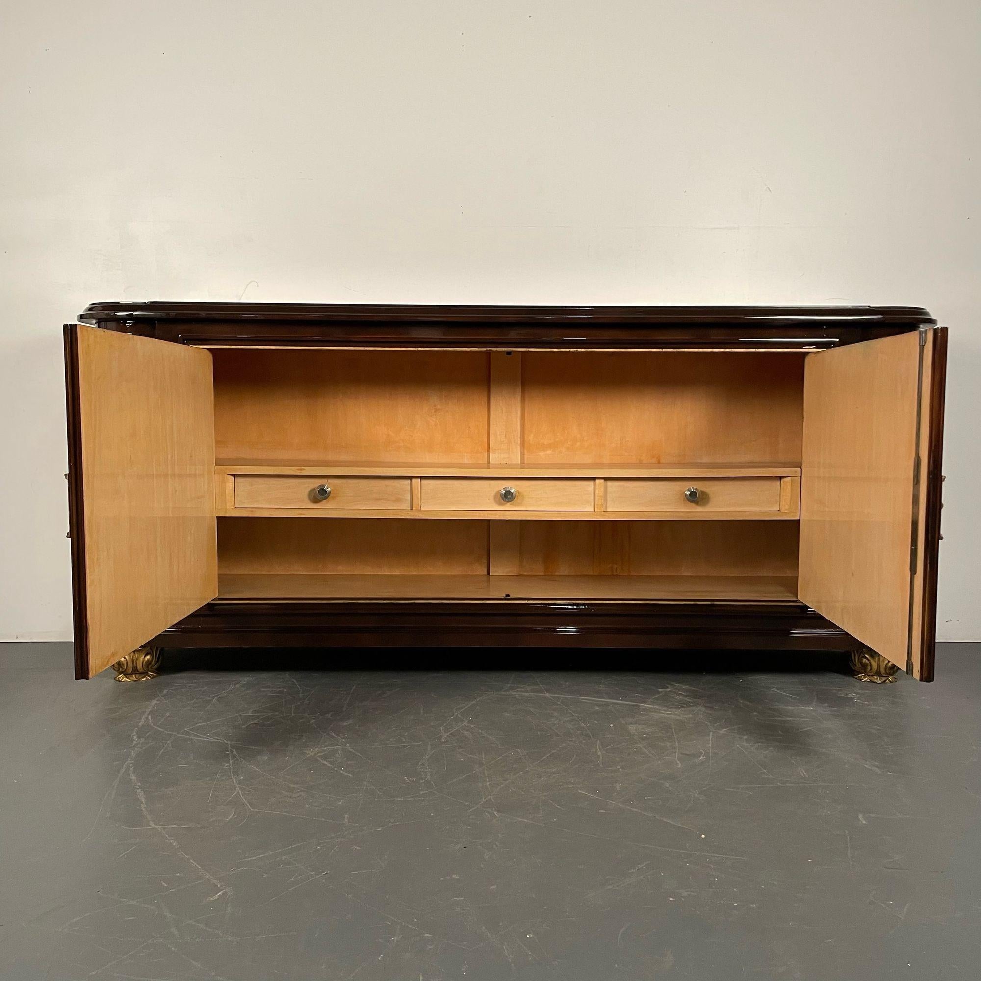 Giltwood Rene Drouet, French Art Deco, Sideboard, Brown Lacquer, Gilt, France, 1940s For Sale