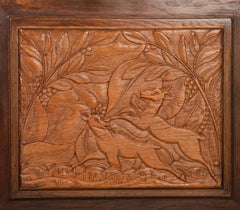 French Art Deco Sideboard, Carved Oak, Gazelle Panels, Column Base, 1940s
