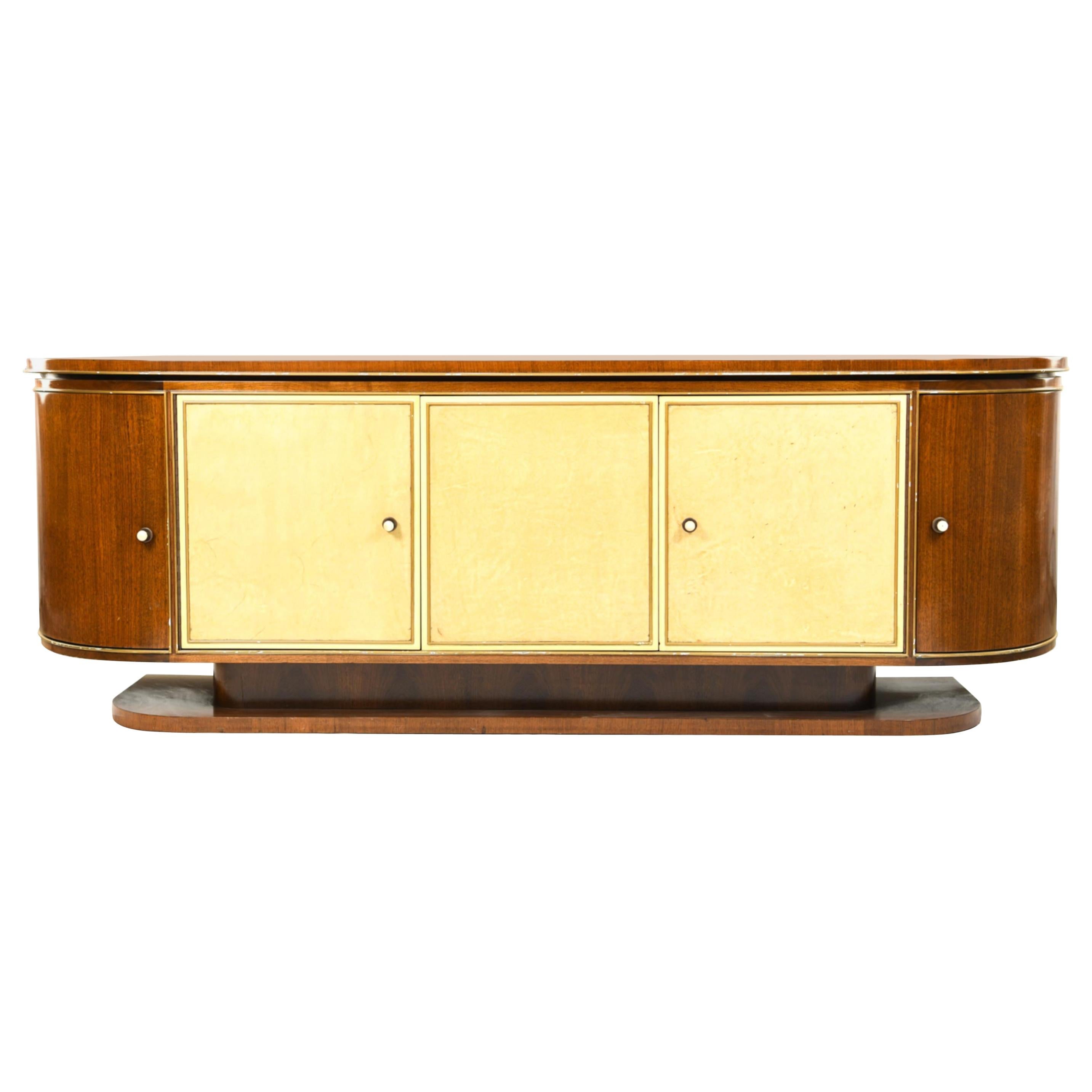 French Art Deco Sideboard, Mahogany, Beige Parchment, Lacquer, France, 1940s For Sale