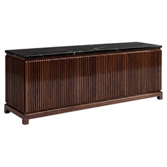French Art-Deco Style Sideboard In Smoked Walnut & Black Marquina Marble Top