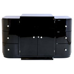 French Art Deco Sideboard in Black Lacquer with two Doors and rounded Drawers