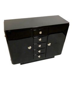 French Art Deco Sideboard in Black Piano Lacquer with Five Drawers and Two Doors