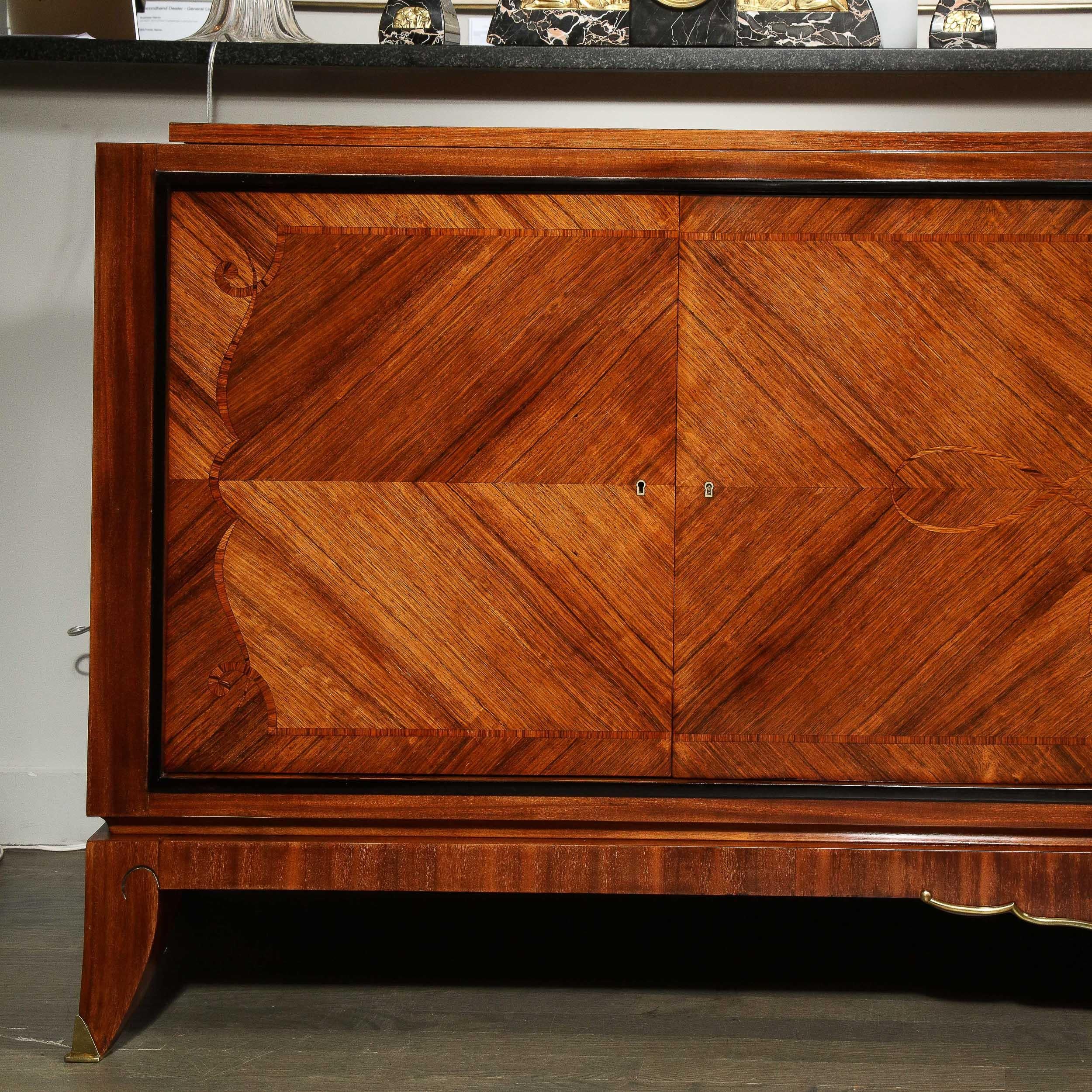 Marquetry French Art Deco Sideboard in Bookmatched Walnut, Black Lacquer & Gilded Bronze