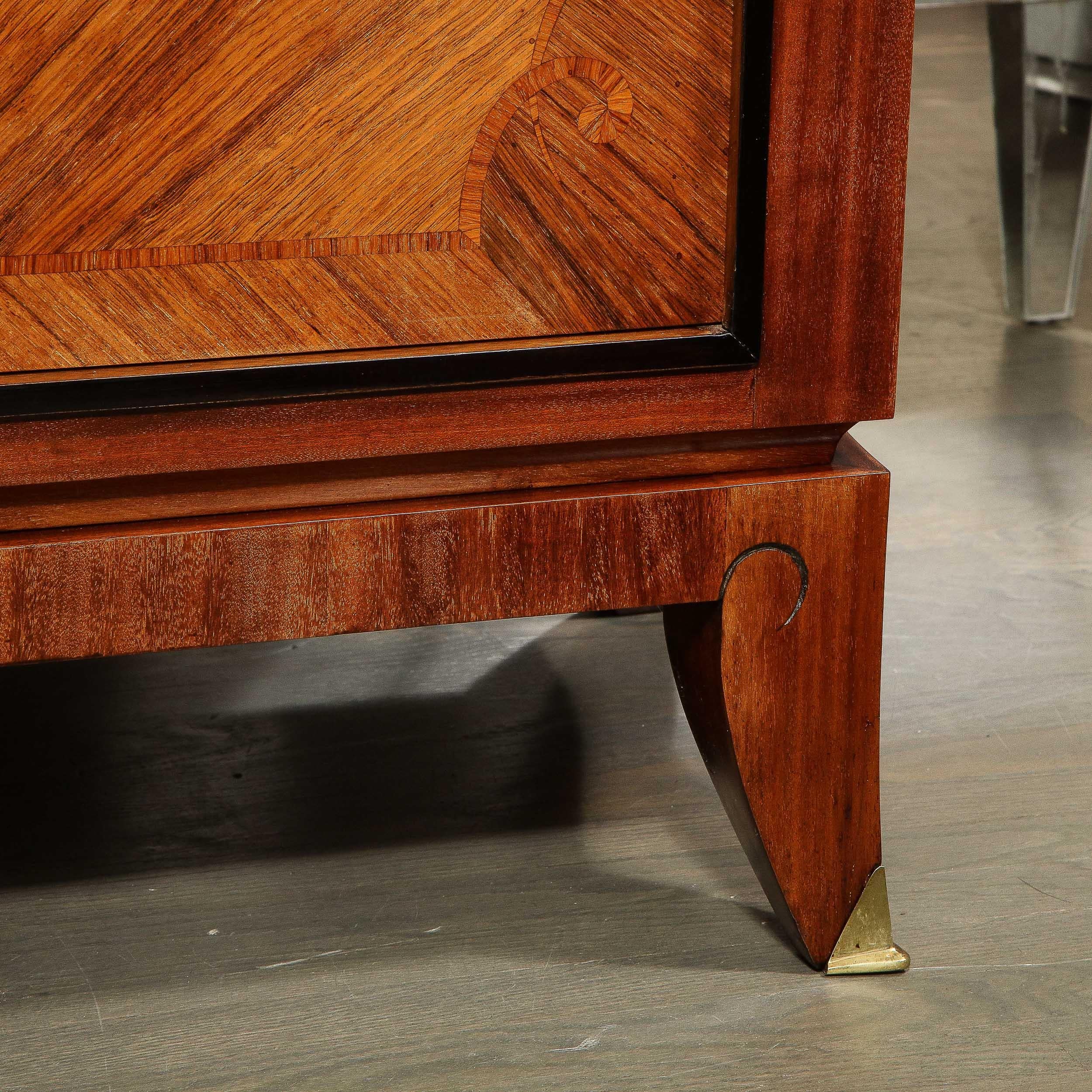 Marquetry French Art Deco Sideboard in Bookmatched Walnut, Black Lacquer & Gilded Bronze