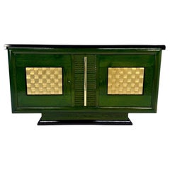 Französisches Art-Déco-Sideboard mit grünen Anilin- und Blattgoldtafeln, 1930er Jahre