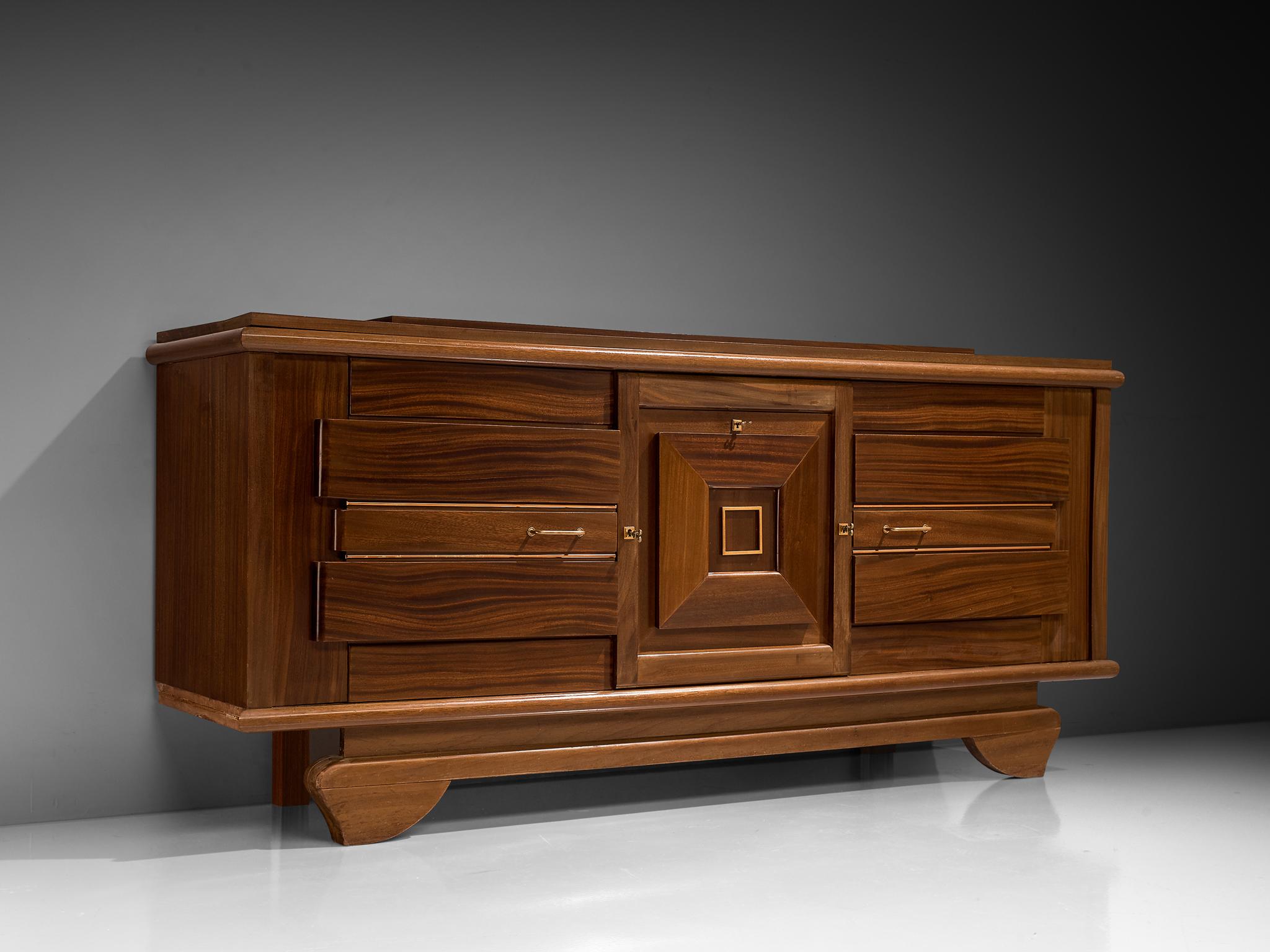 Sideboard, mahogany, brass, France, 1940s. 

A beautiful Art Deco sideboard in a rich mahogany and elegant brass details. A well designed piece that is crafted with beautiful details, for instance the parquet top in mahogany veneer. The sideboard