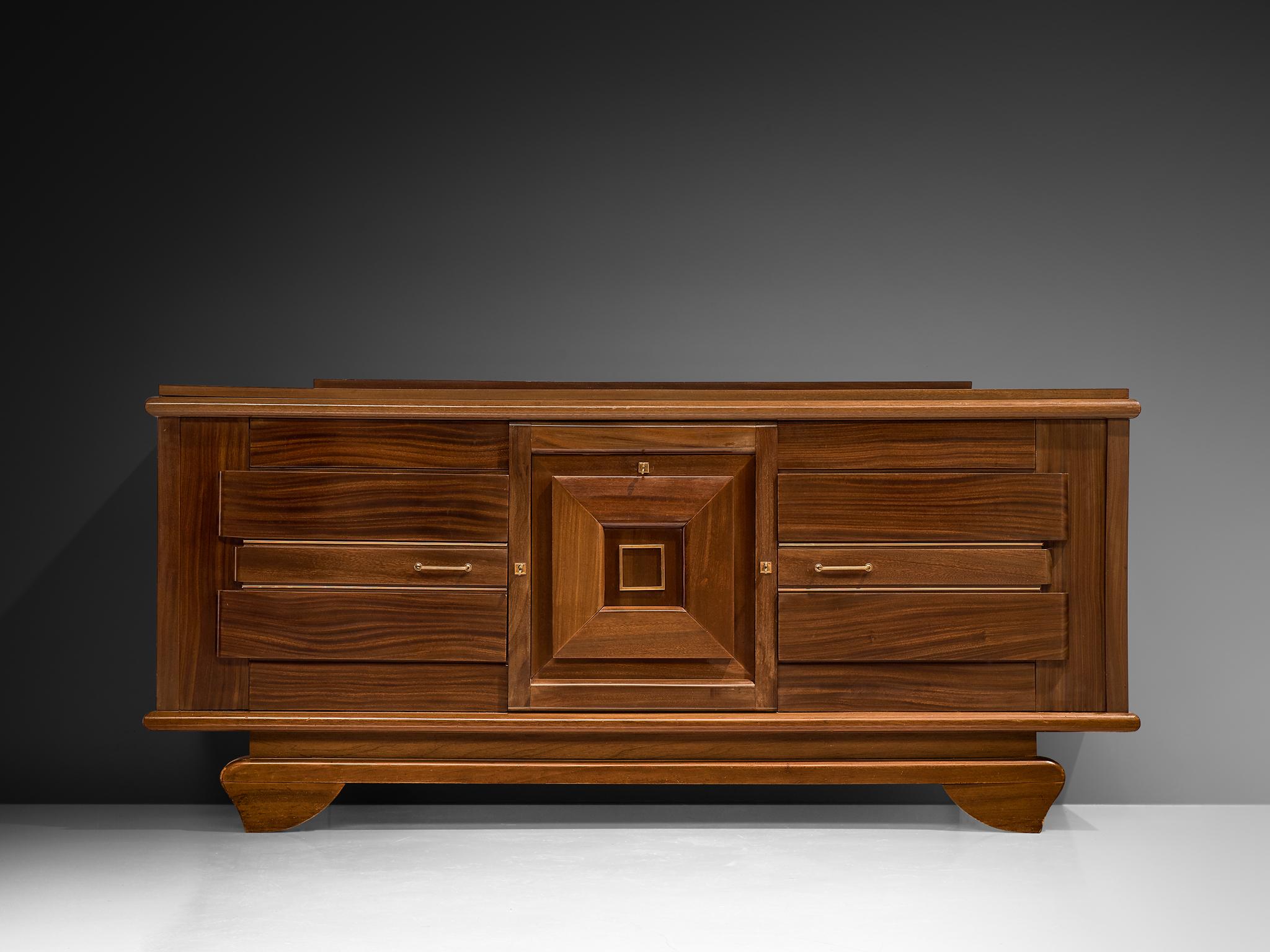 Mid-20th Century French Art Deco Sideboard in Mahogany and Brass For Sale
