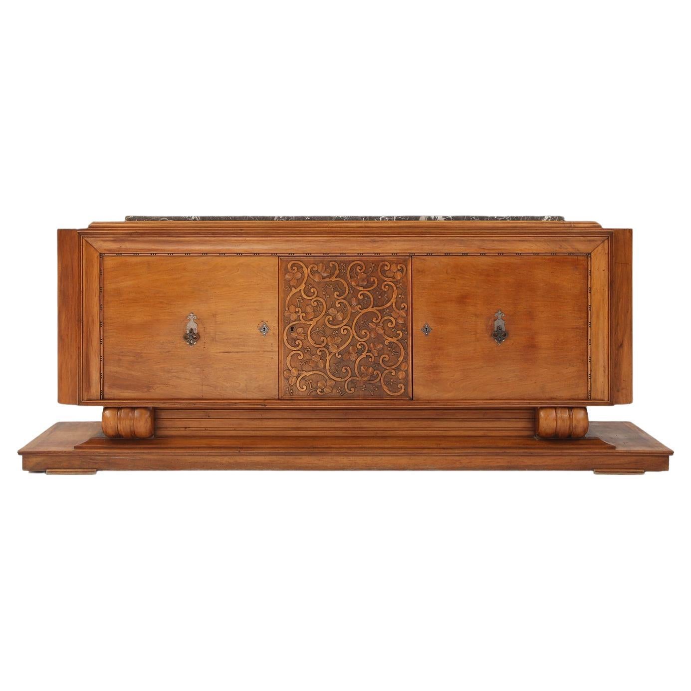 French Art Deco Sideboard in Oak with Grey Marble Top