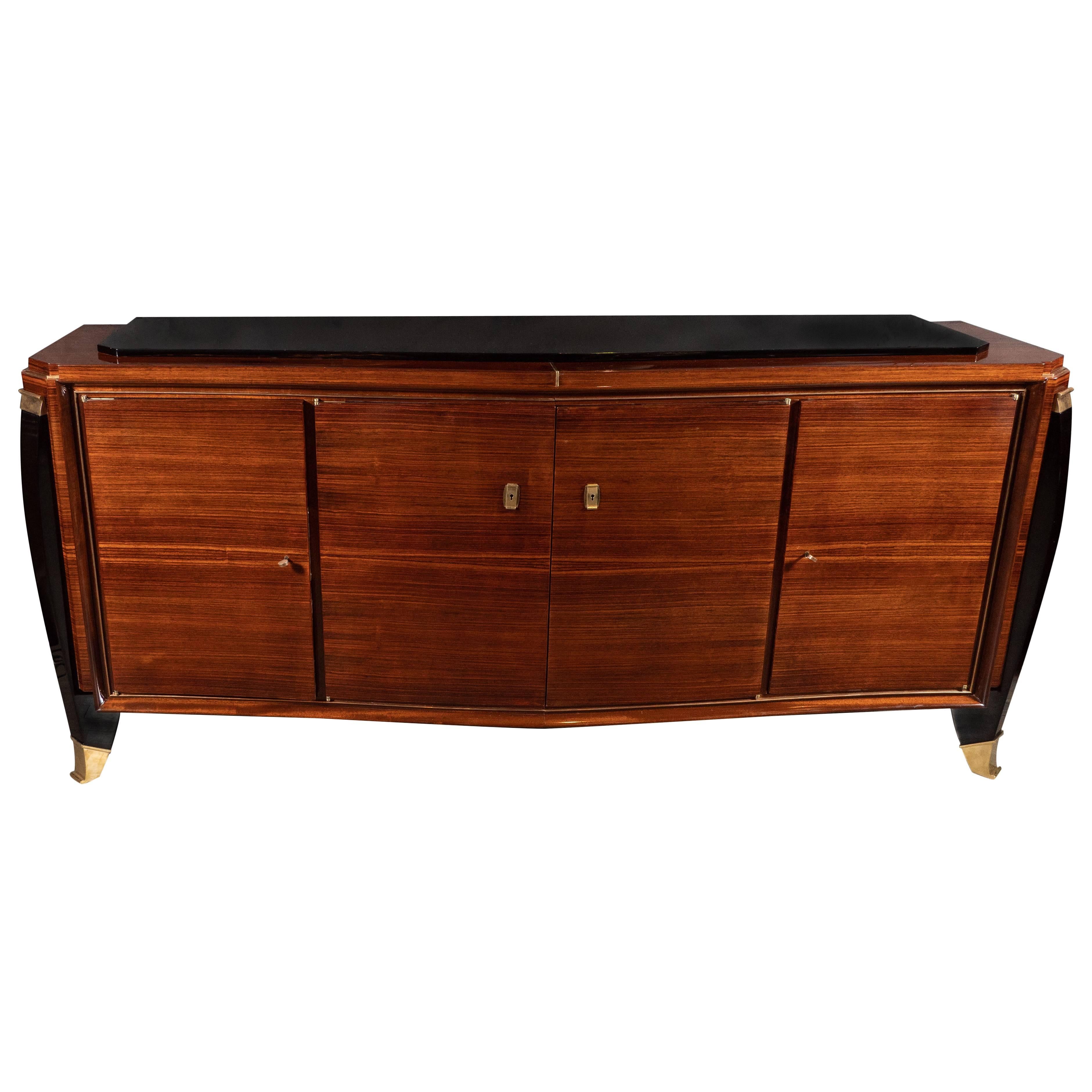 French Art Deco Sideboard in Rosewood and Black Lacquer with Bronze Mounts