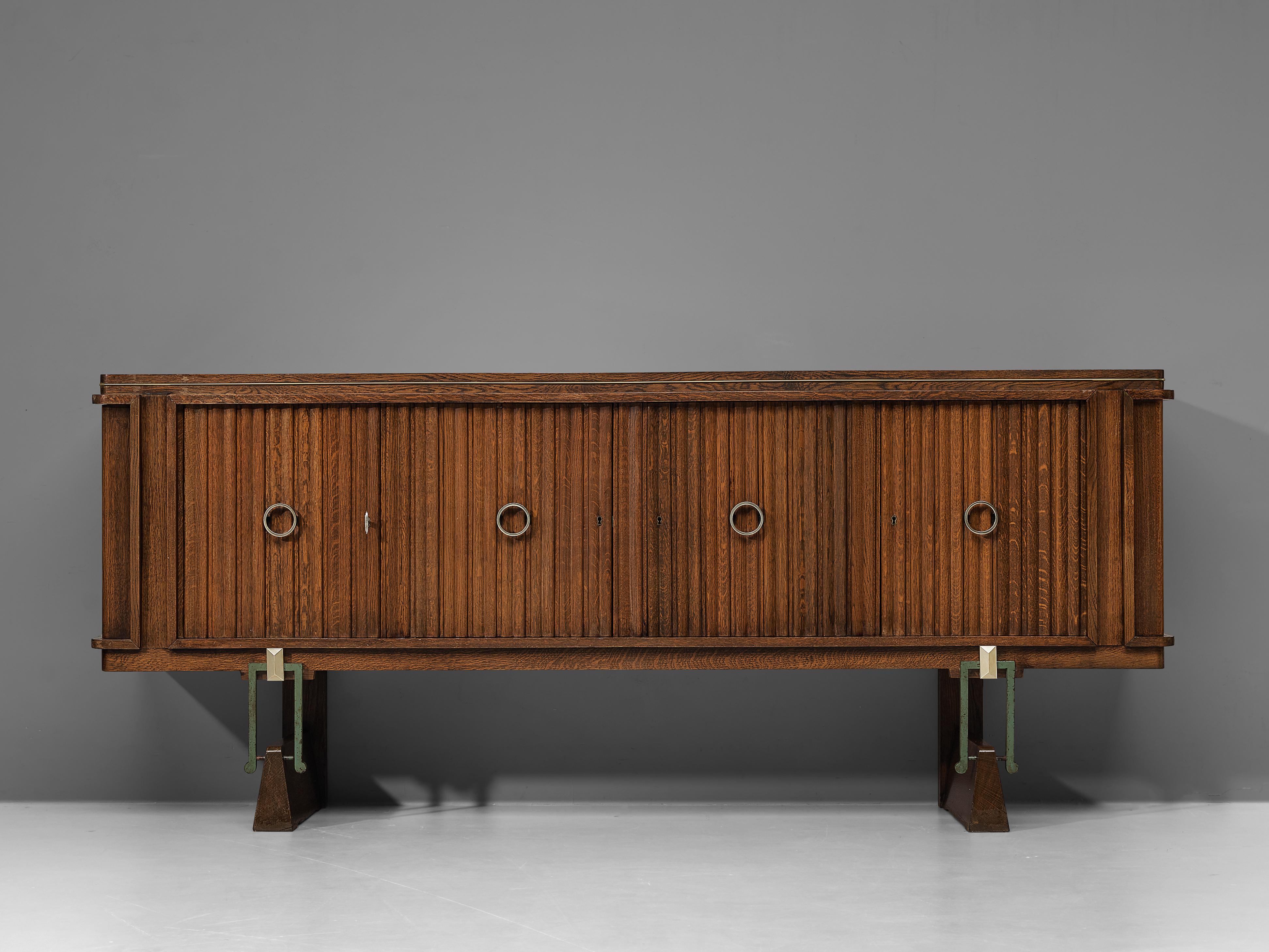 French Late Art Deco Sideboard in Solid Oak and Brass Details For Sale 5