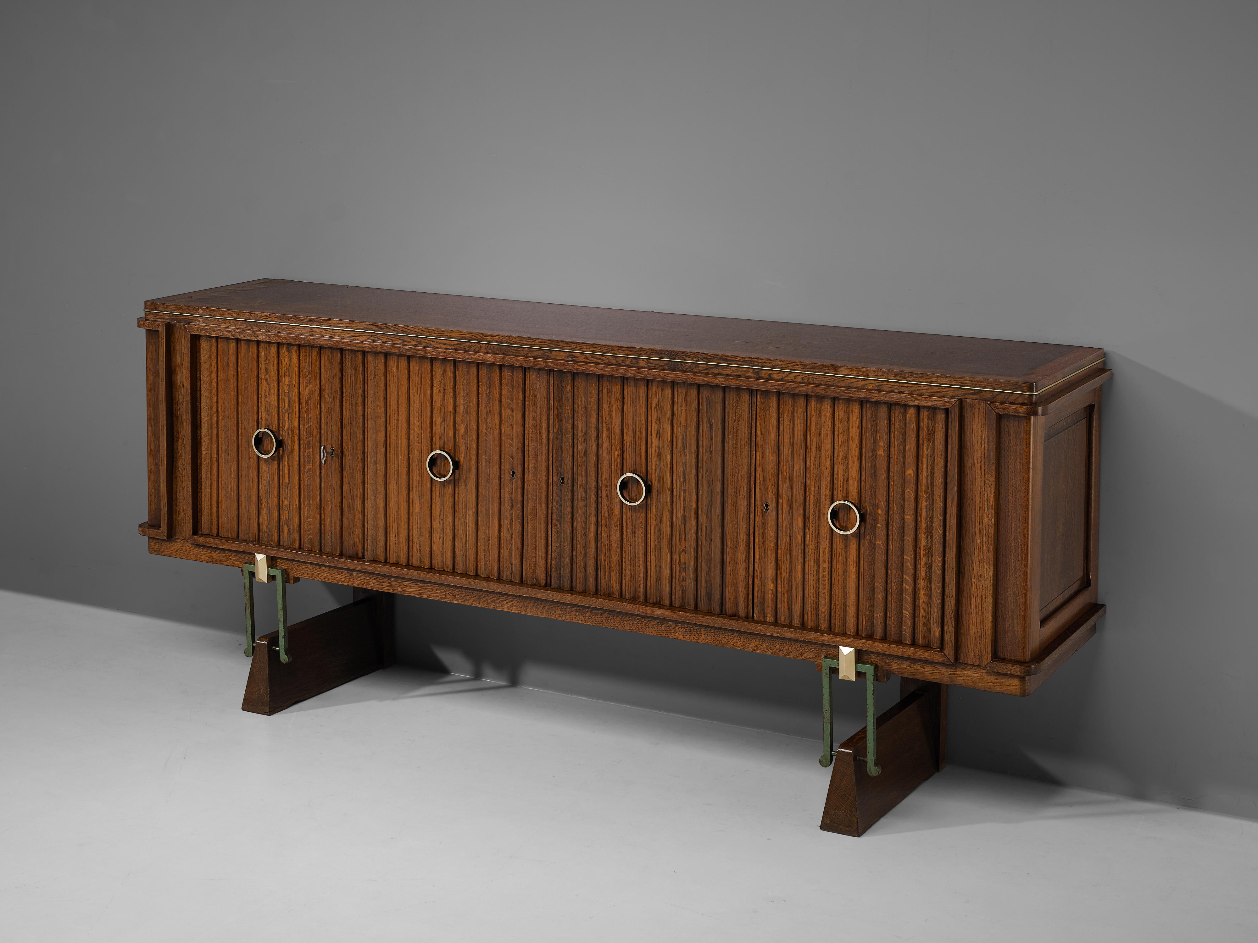 Mid-20th Century French Late Art Deco Sideboard in Solid Oak and Brass Details For Sale