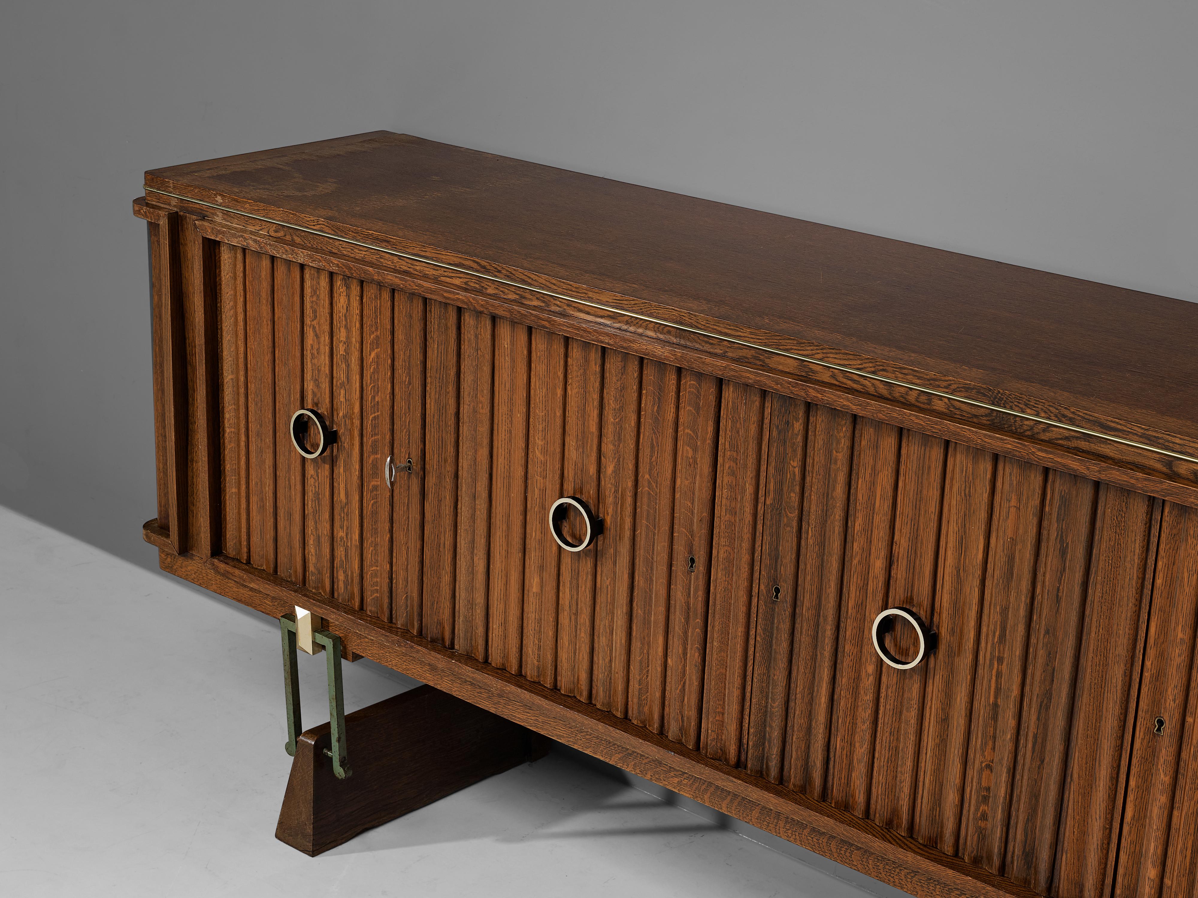 Metal French Late Art Deco Sideboard in Solid Oak and Brass Details For Sale