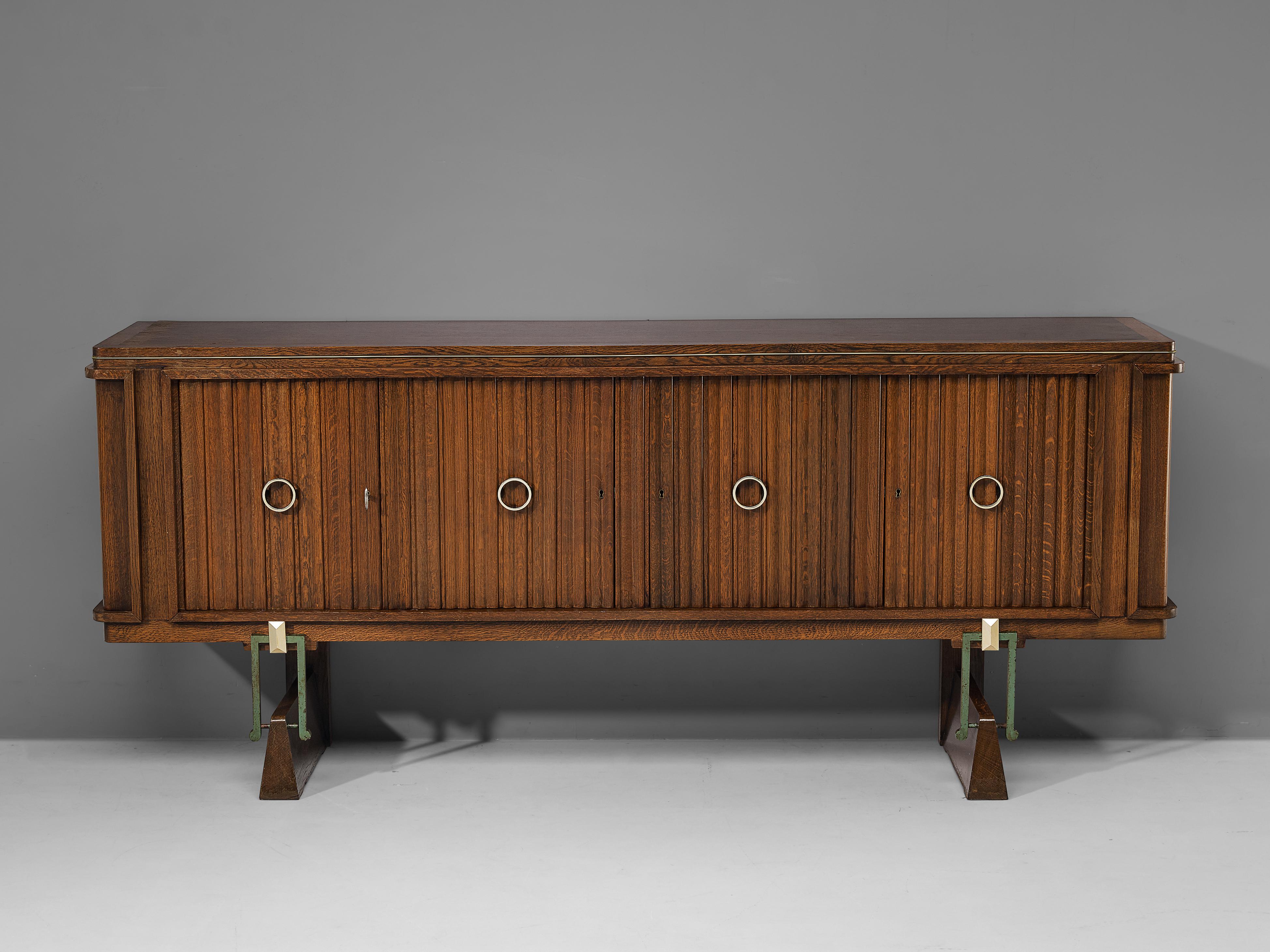 French Late Art Deco Sideboard in Solid Oak and Brass Details For Sale 1