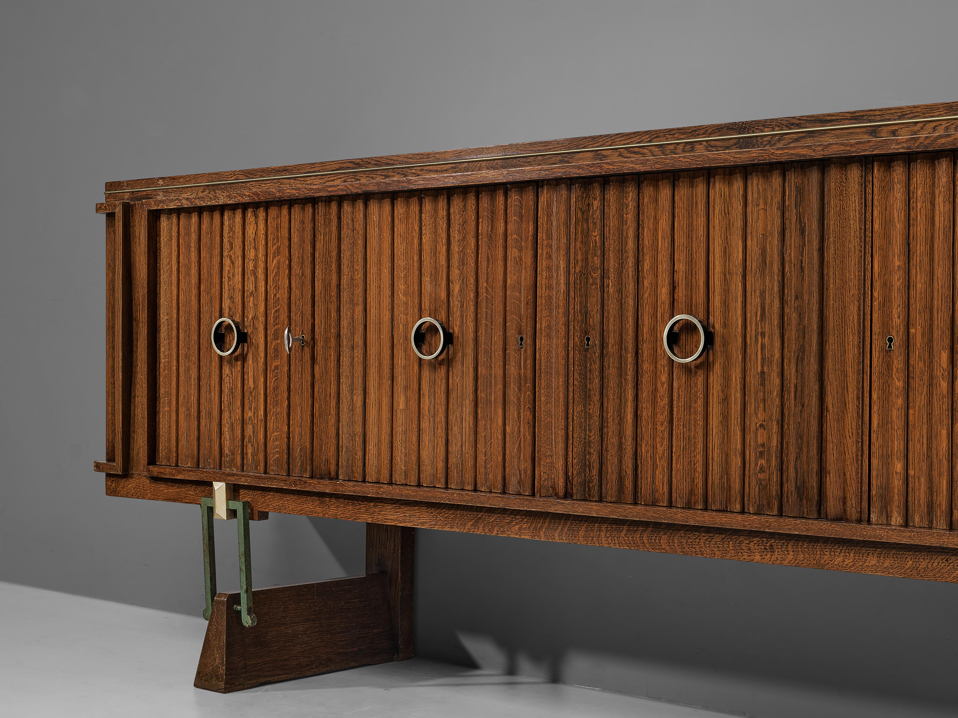 French Late Art Deco Sideboard in Solid Oak and Brass Details For Sale 2