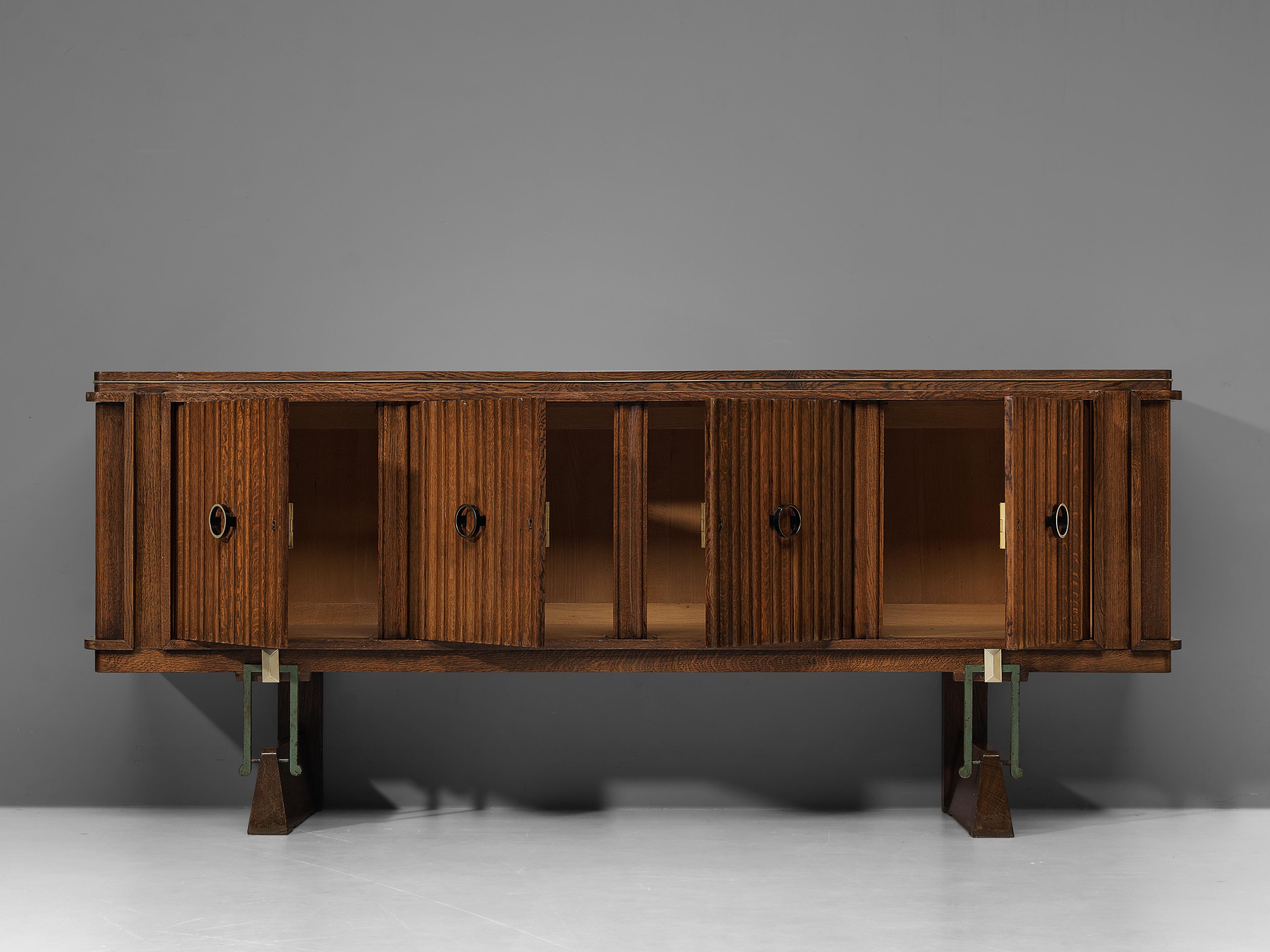French Late Art Deco Sideboard in Solid Oak and Brass Details For Sale 3