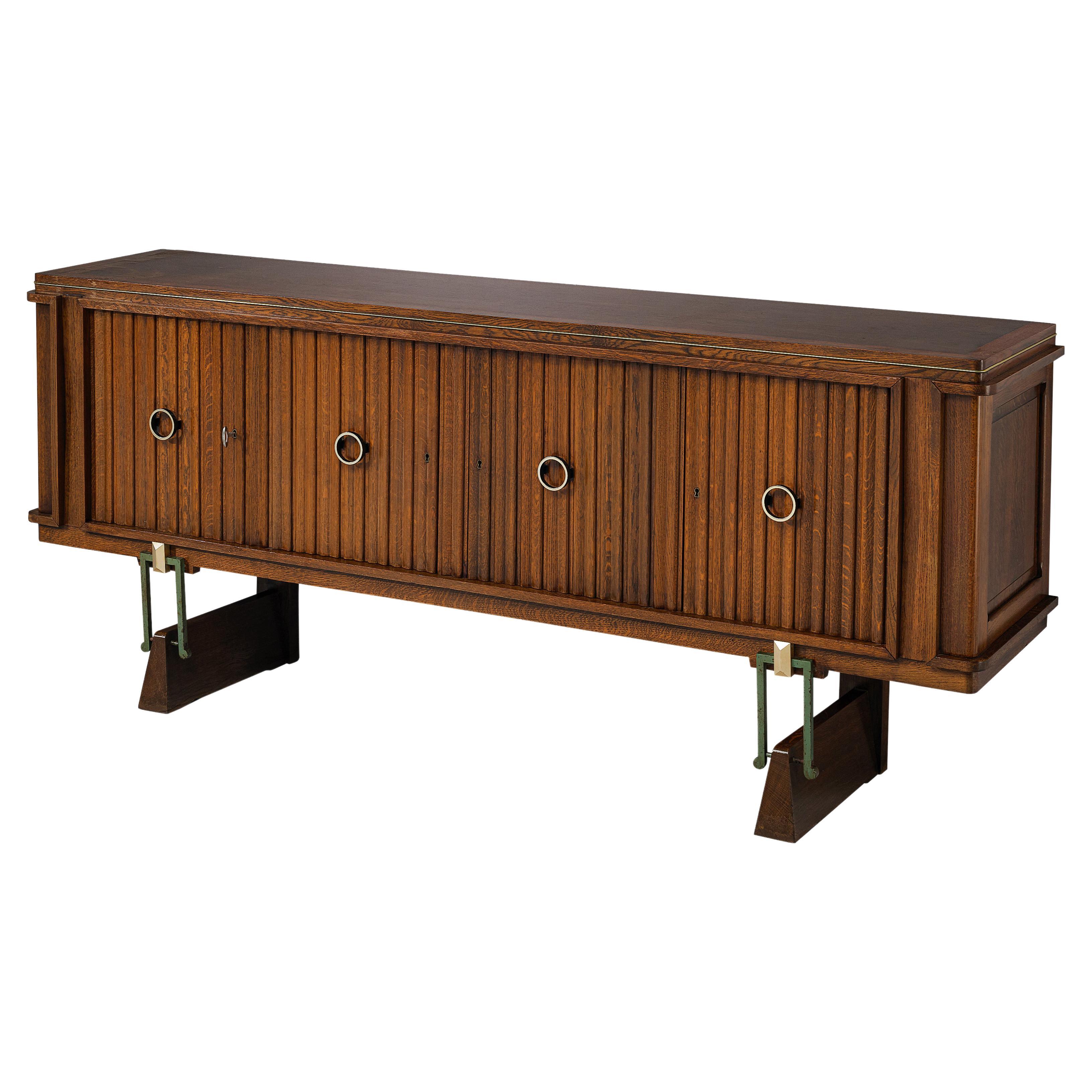 French Late Art Deco Sideboard in Solid Oak and Brass Details For Sale