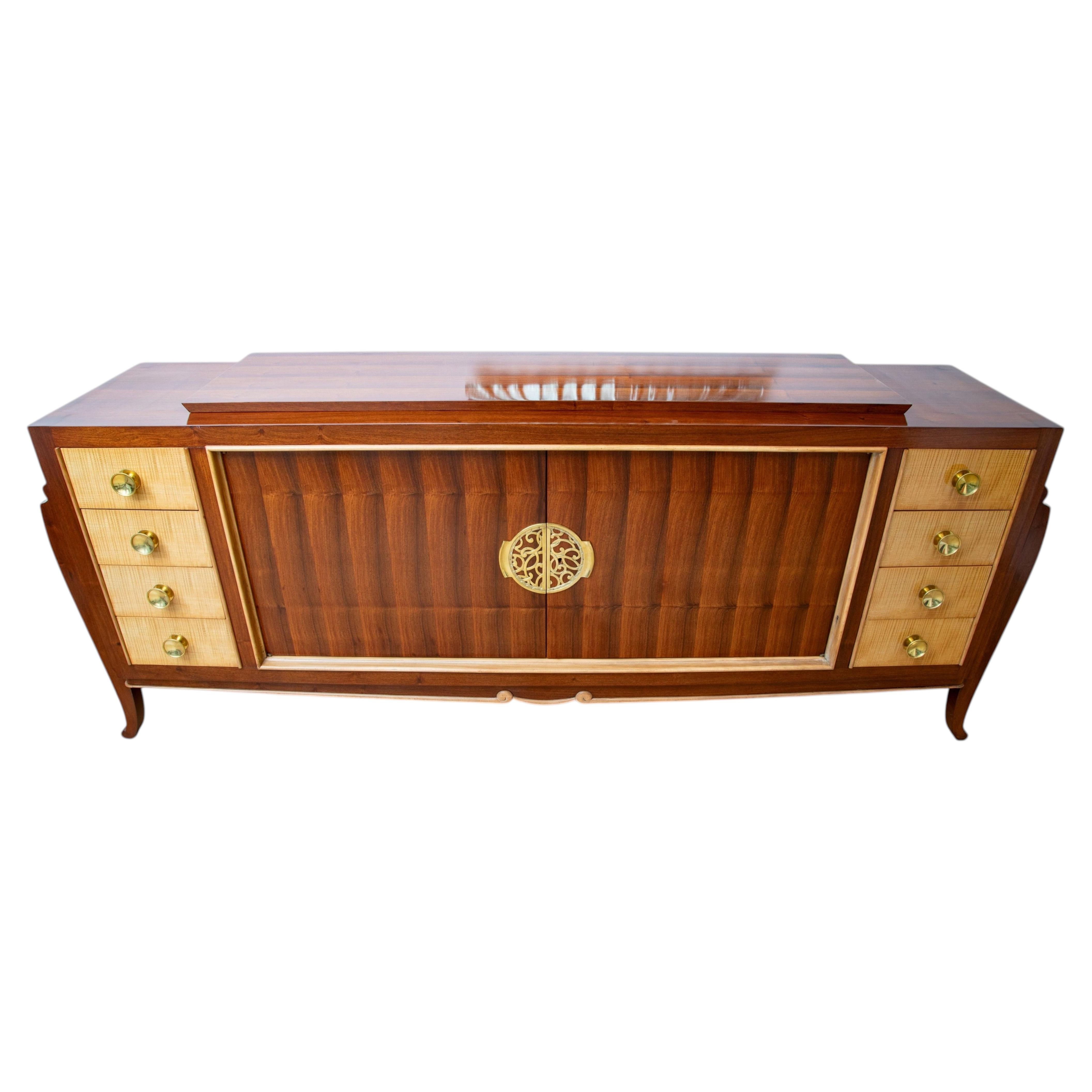 French Art Deco Sideboard in Two-Tone Exotic Wood Veneer with Brass Accents