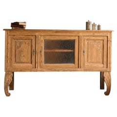 French Art Deco Sideboard, Pine and Textured Glass, Carved Legs, 1930s