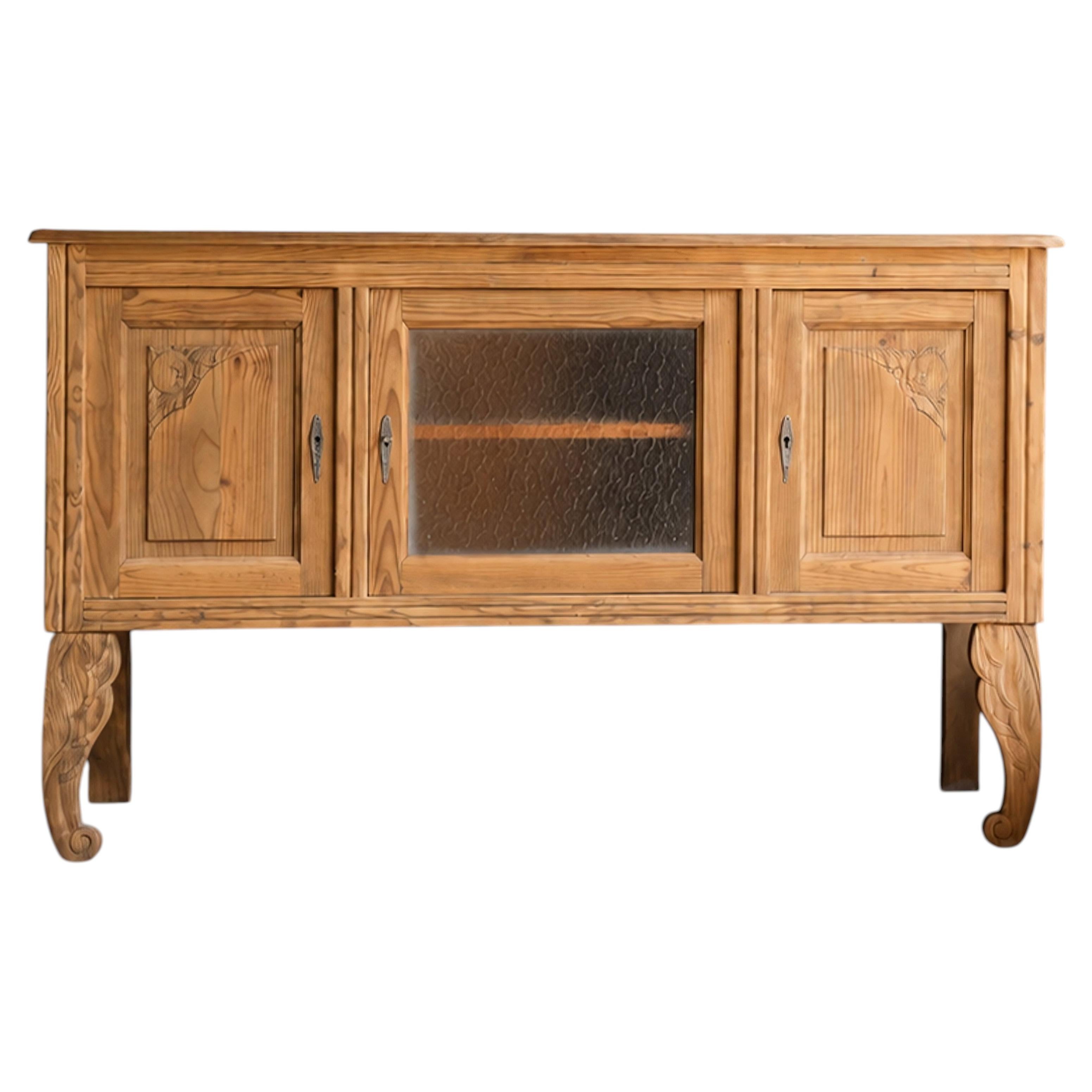 French Art Deco Sideboard, Pine and Textured Glass, Carved Legs, 1930s For Sale