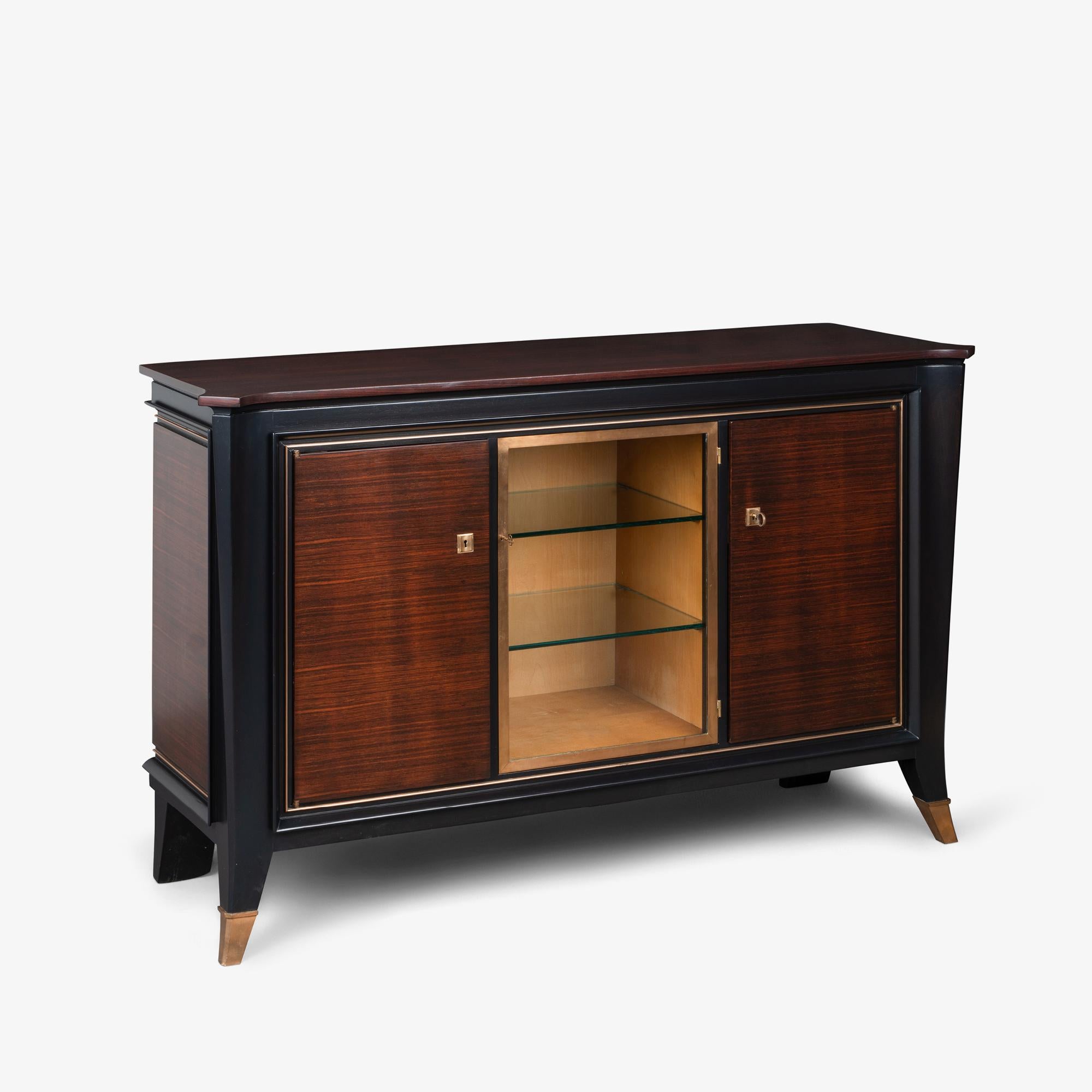 Art Déco Credenza Server Art-Deco Francese in Ebano Macassar, Oak e Ottone in vendita