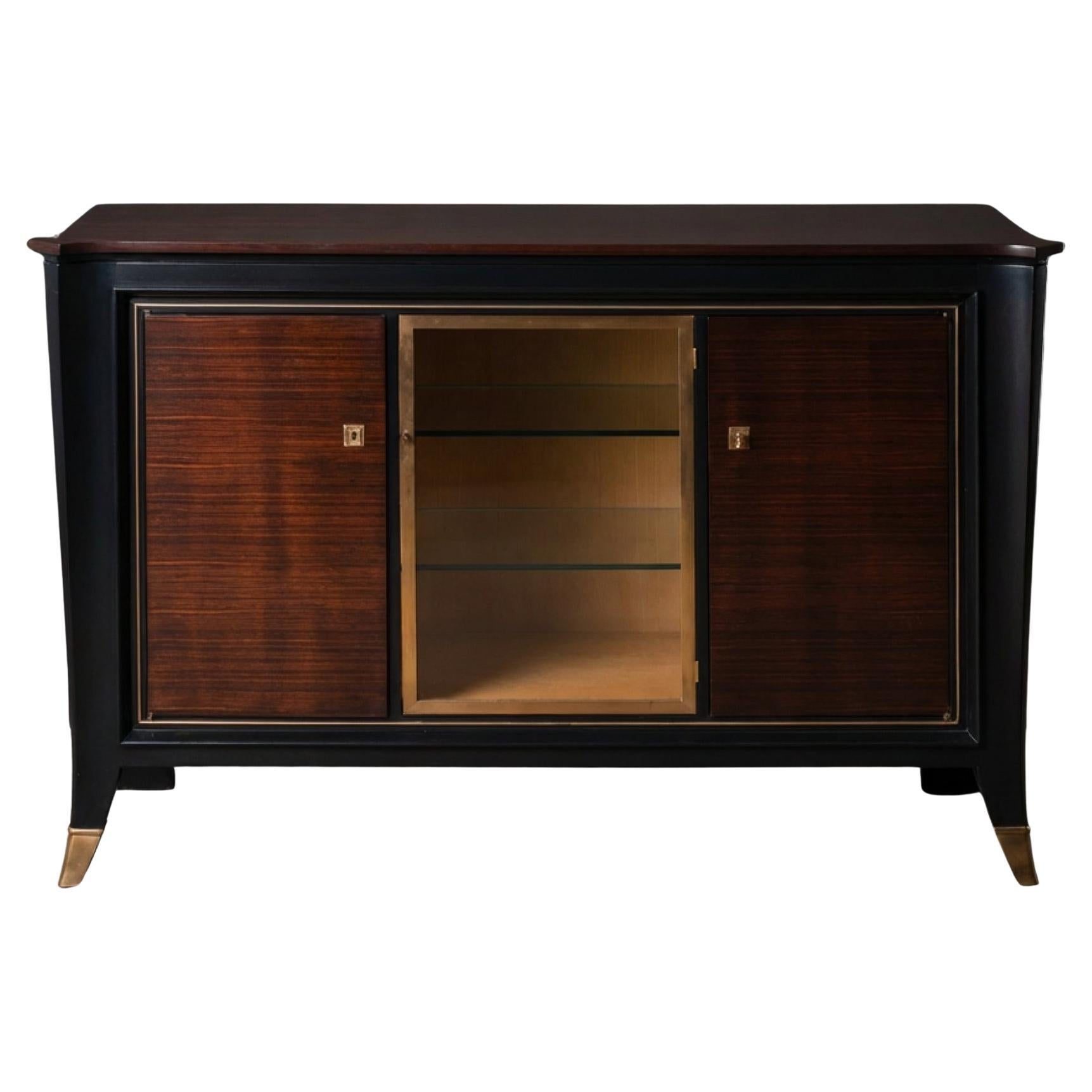 Credenza Server Art-Deco Francese in Ebano Macassar, Oak e Ottone in vendita