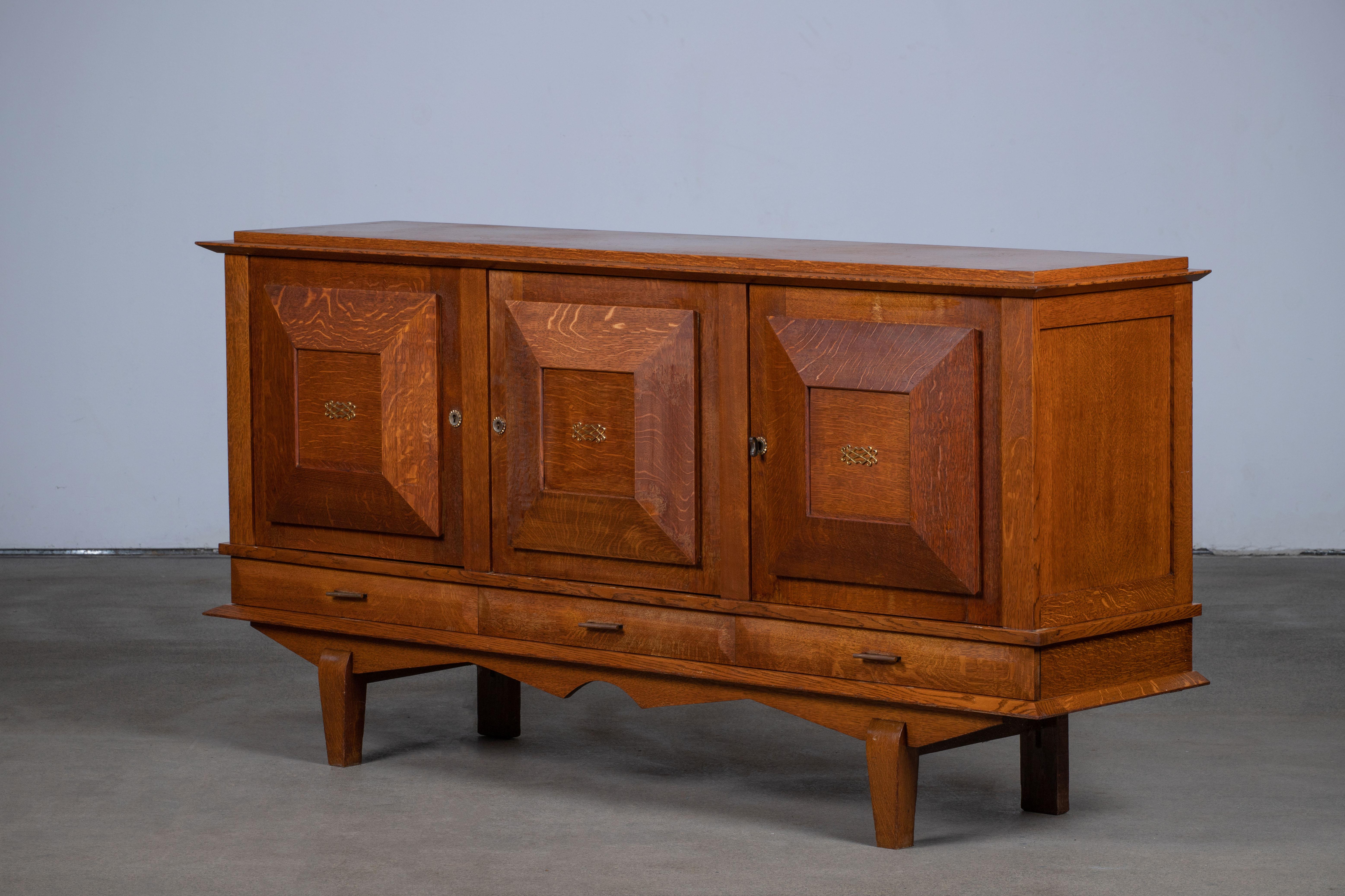 Mid-Century Modern French Art Deco Sideboard Solid Oak, France, 1940s