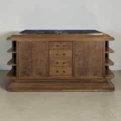 French Art Deco Sideboard, Walnut and Portoro Marble, Brass Trim, 1930s