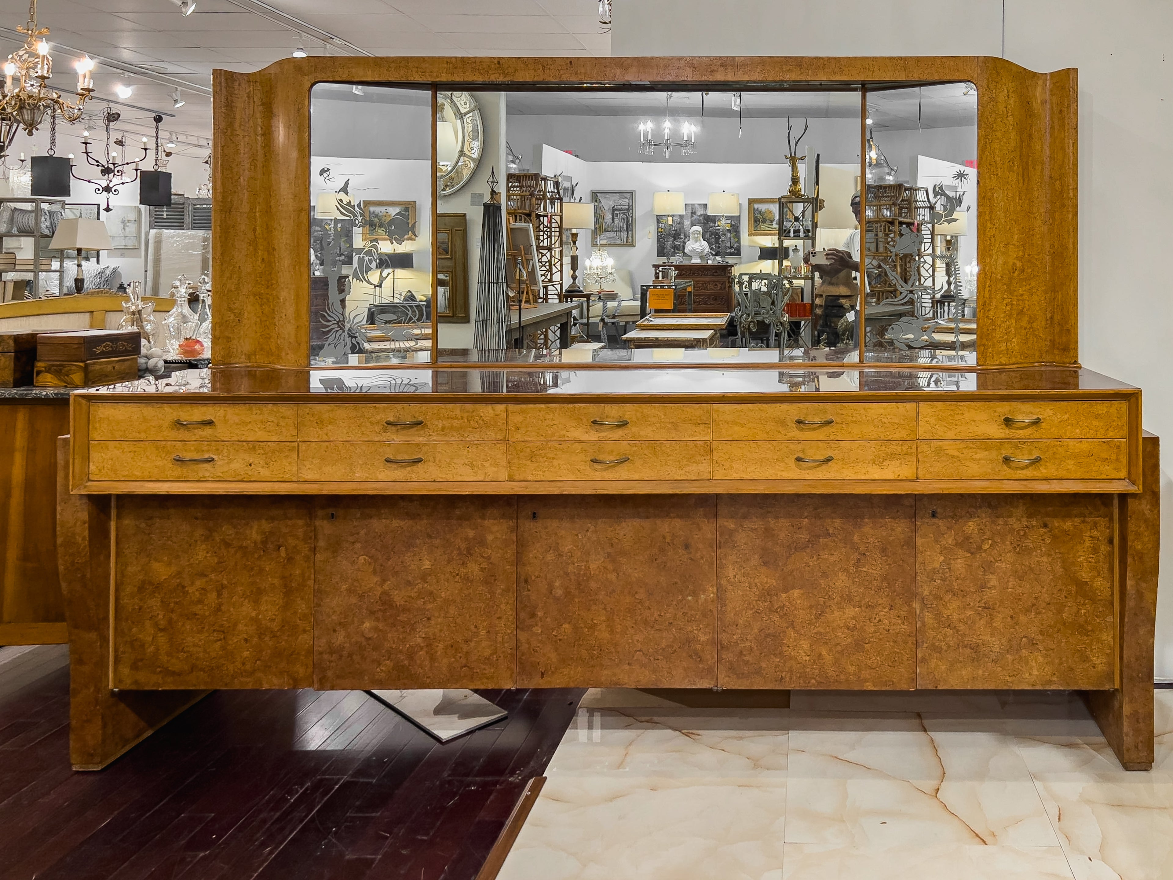 French Art Deco sideboard with lighted, etched mirrors and a red glass top. Plentiful storage with drawers and shelves behind cabinet doors. 

Would work well in a master closet-room!  

It's a beast but it’s a beauty!