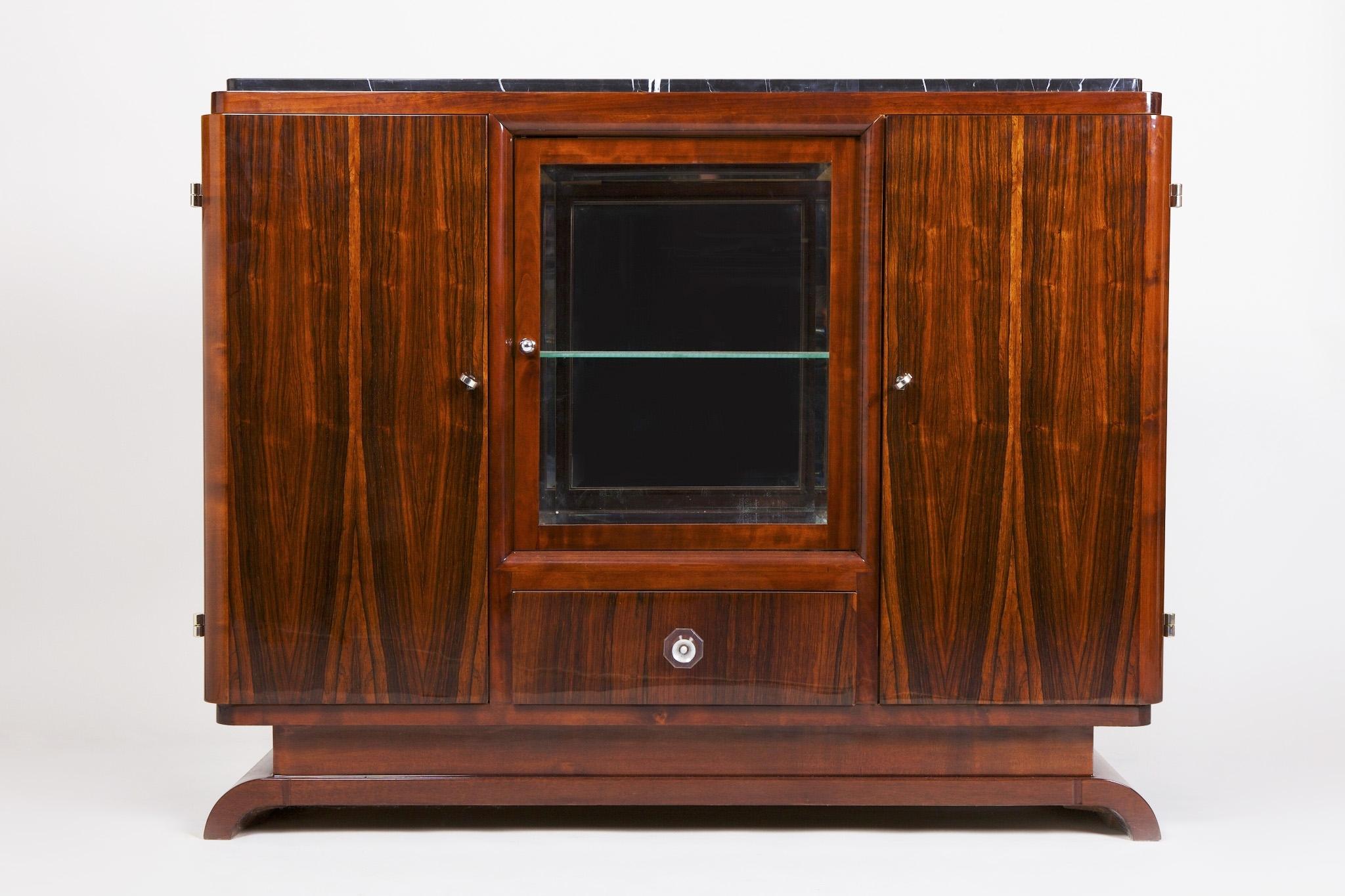 Mirror French Art Deco Sideboard with Marble Desk, 1930-1939, Palisander, Restored For Sale