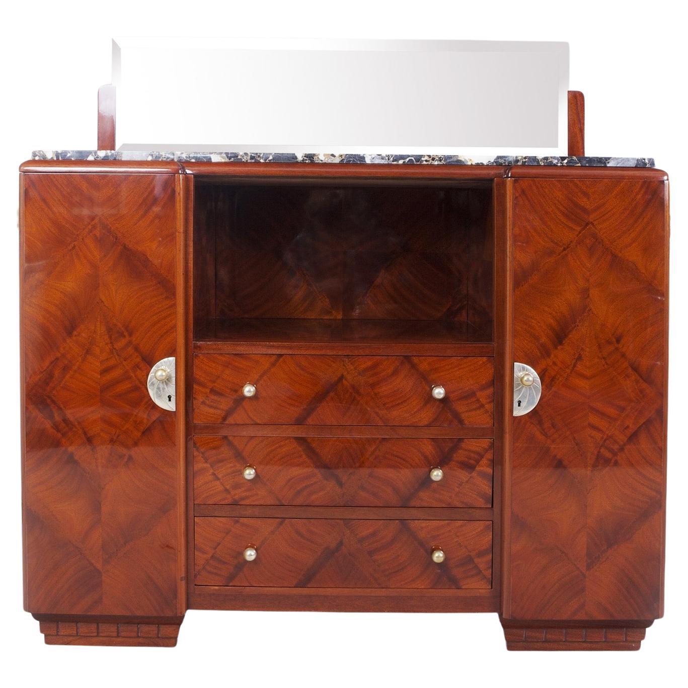 French Art Deco Sideboard with Marble Top and Mirror, 1920s, Mahogany For Sale