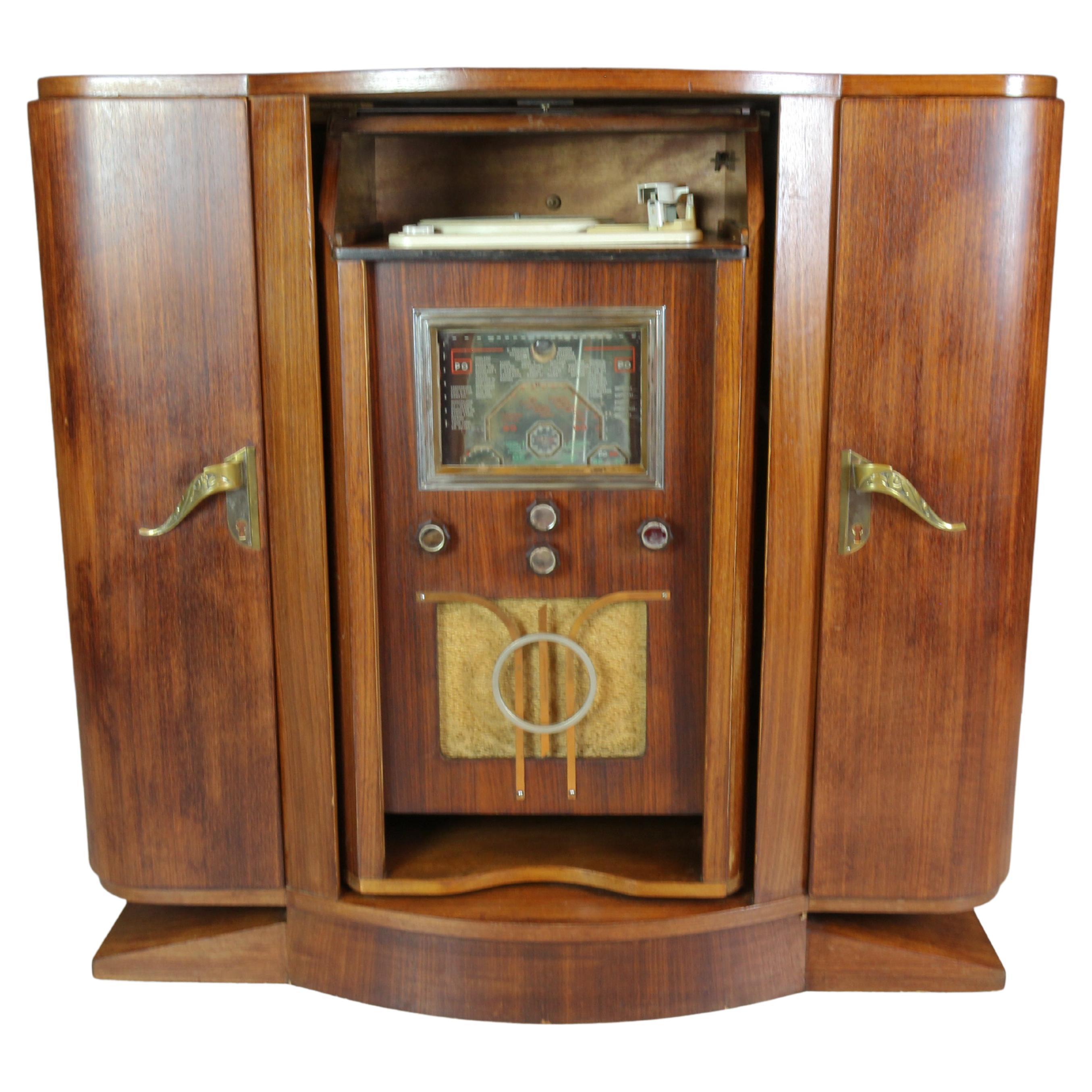 French Art Deco Sideboard with Radio and Record Player, 1930s For Sale