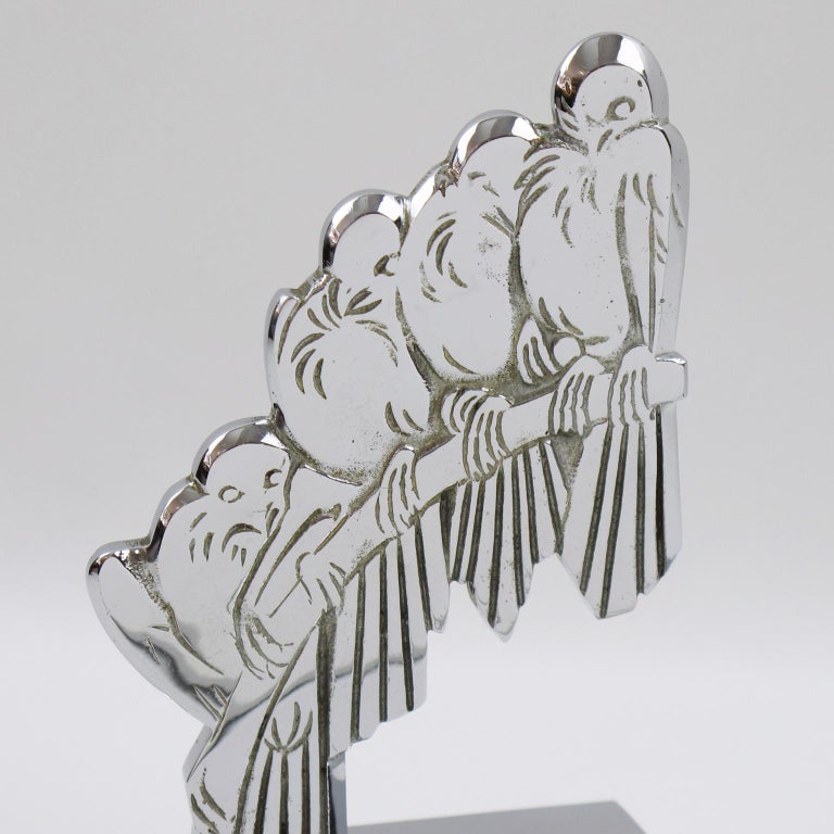 French Art Deco Signed Chrome Metal Bird Bookends For Sale at 1stdibs