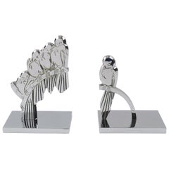 French Art Deco Signed Chrome Metal Bird Bookends