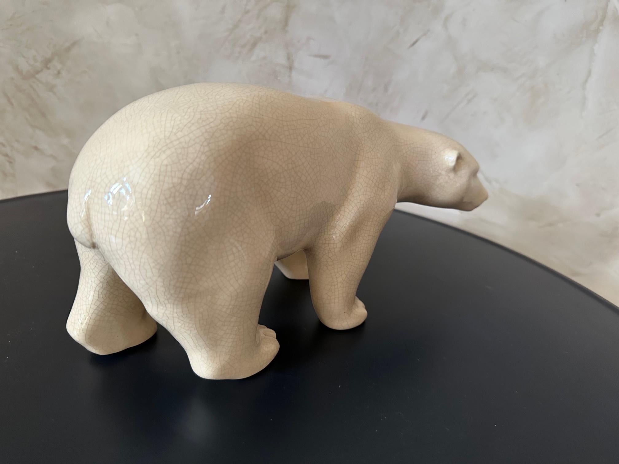 French Art deco Signed Cracked Ceramic Polar Bear, 1930s 1