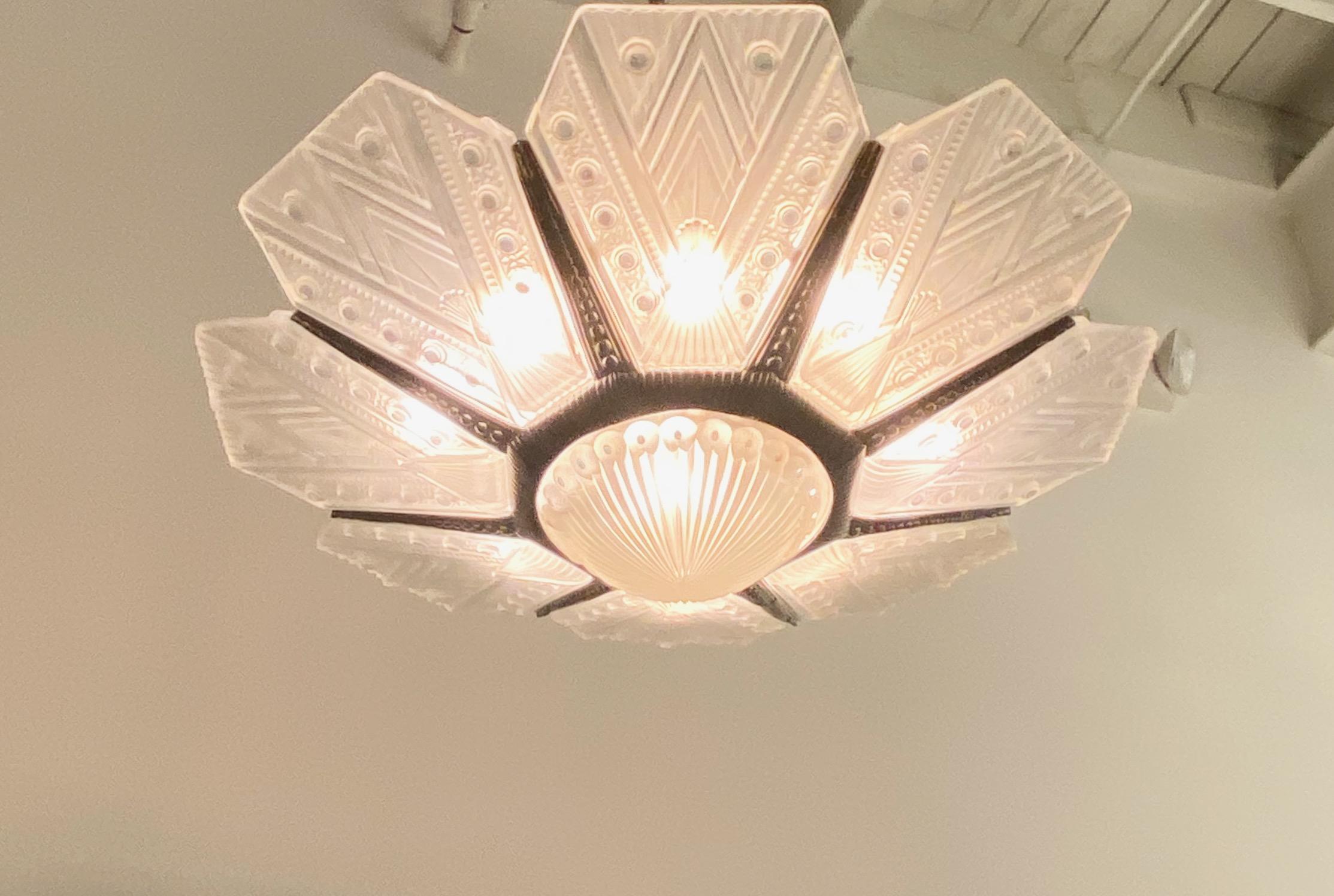 French Art Deco Signed G Leleu Chandelier 6