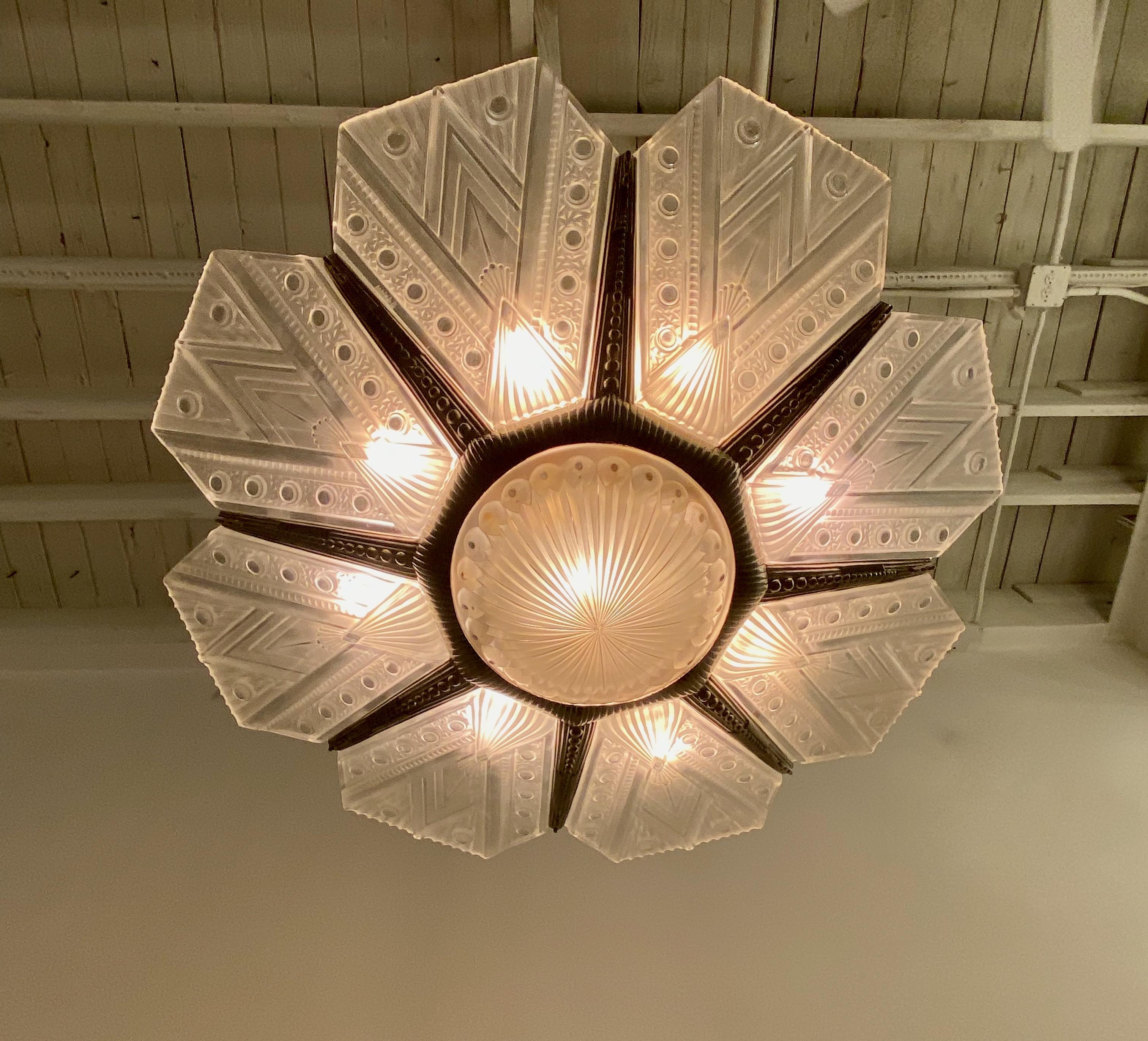 French Art Deco Signed G Leleu Chandelier 7