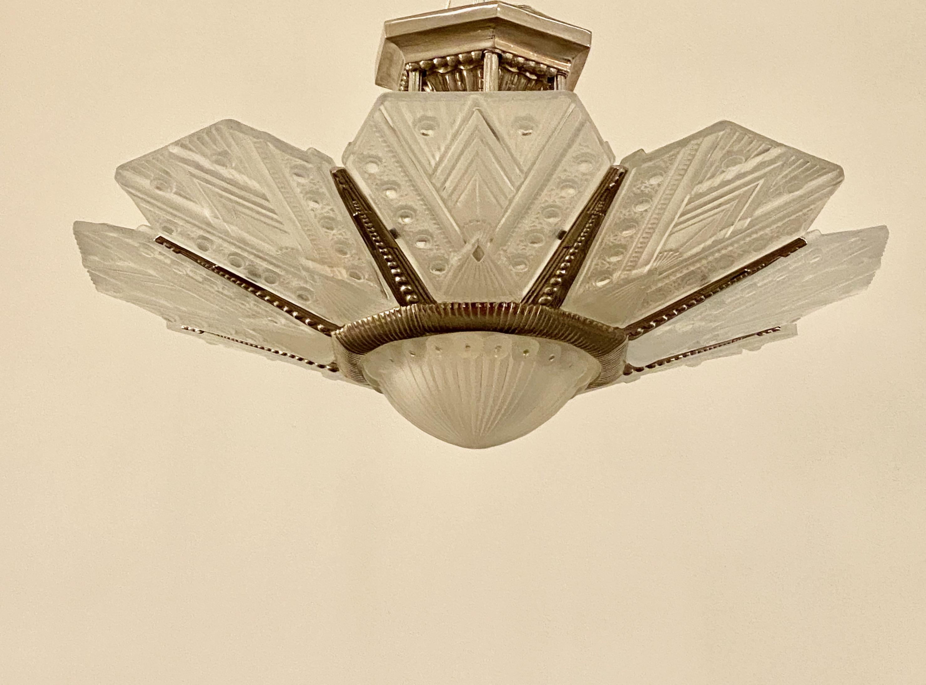 French Art Deco Signed G Leleu Chandelier 4