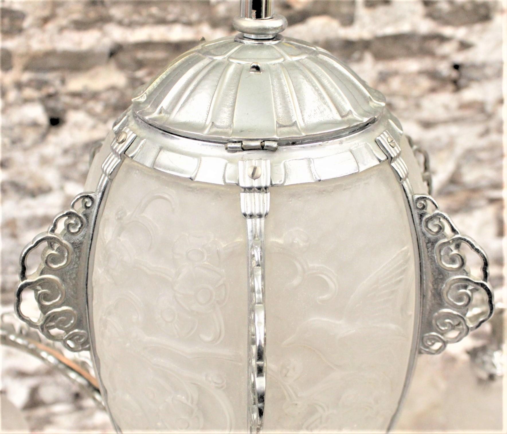French Art Deco Signed Sabino Six Arm Chrome & Molded Frosted Glass Chandelier For Sale 9