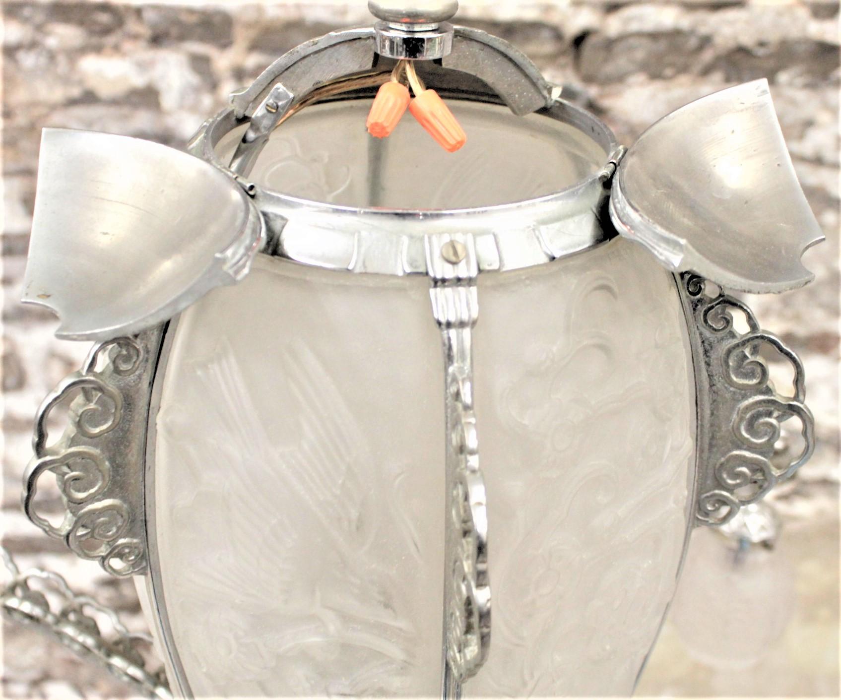 French Art Deco Signed Sabino Six Arm Chrome & Molded Frosted Glass Chandelier For Sale 11