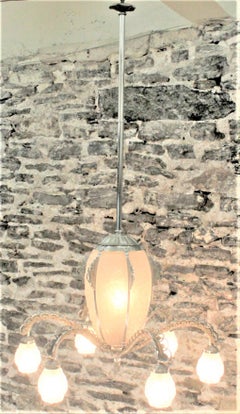 French Art Deco Signed Sabino Six Arm Chrome & Molded Frosted Glass Chandelier