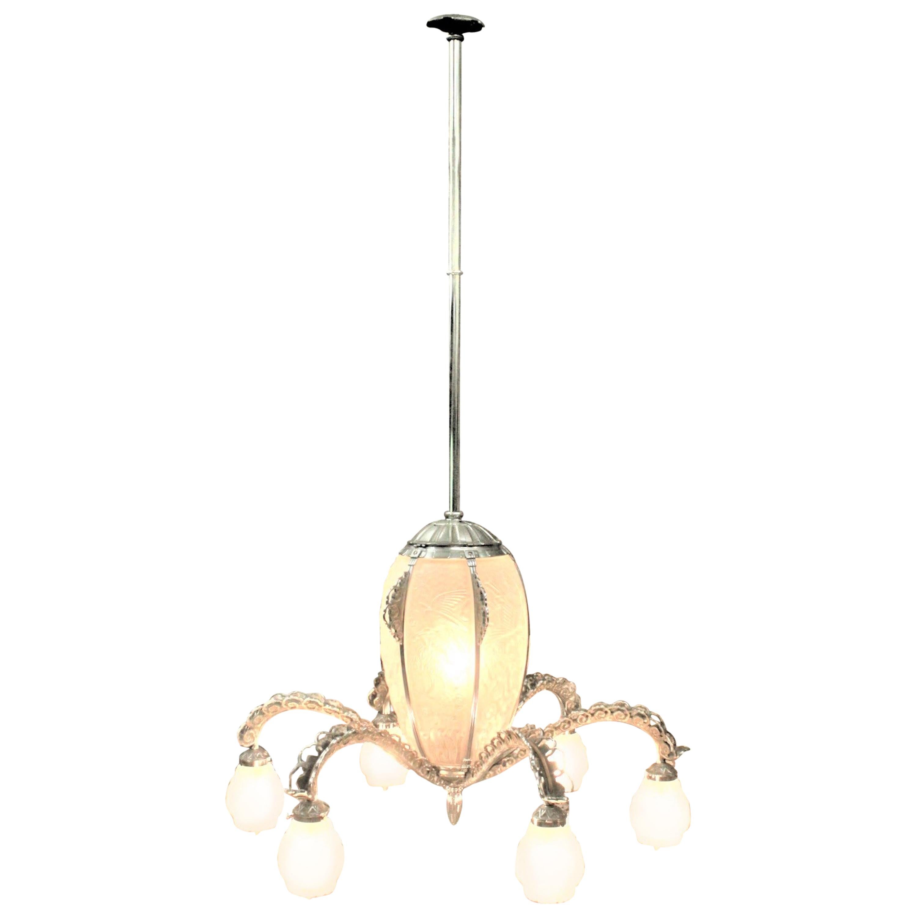 French Art Deco Signed Sabino Six Arm Chrome & Molded Frosted Glass Chandelier For Sale