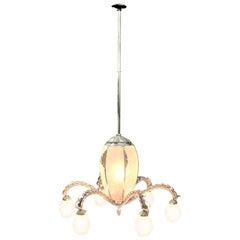 French Art Deco Signed Sabino Six Arm Chrome & Molded Frosted Glass Chandelier