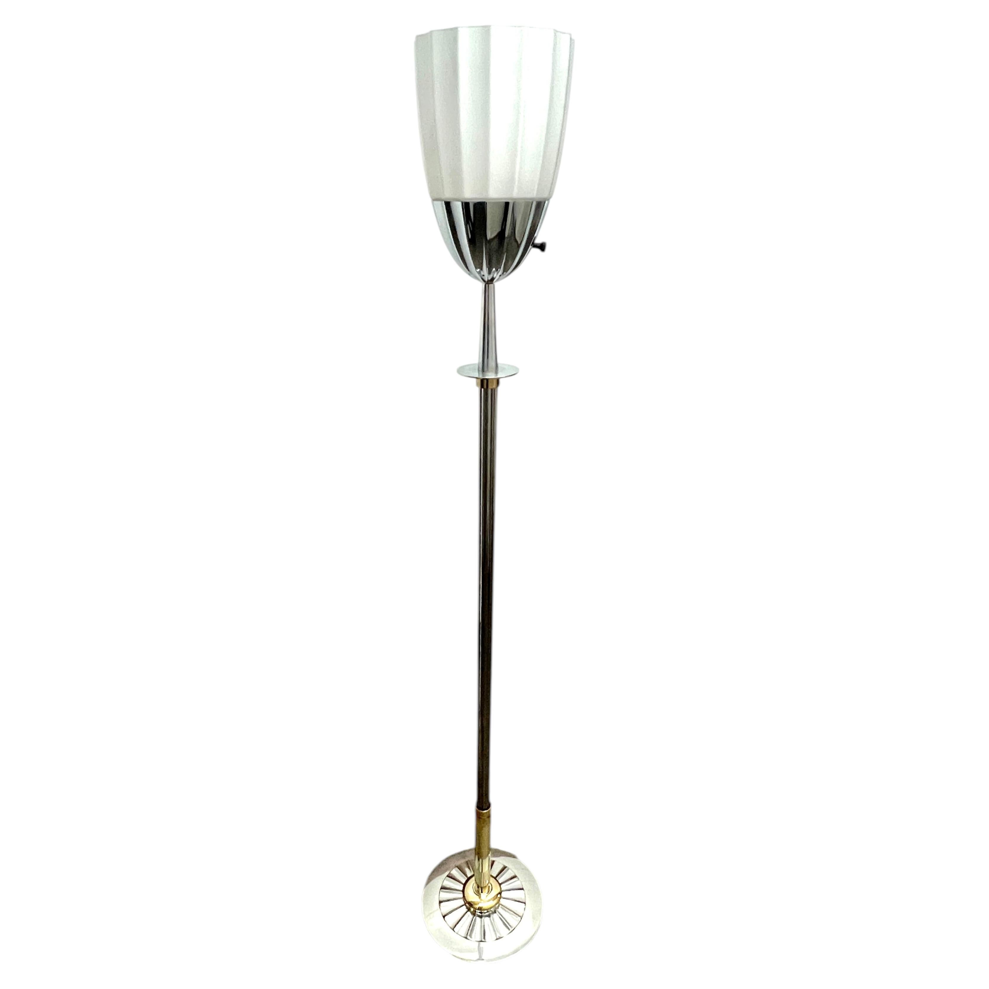 French Art Deco Silver Brass and White Glass Fluted Torchiere Floor Lamp
