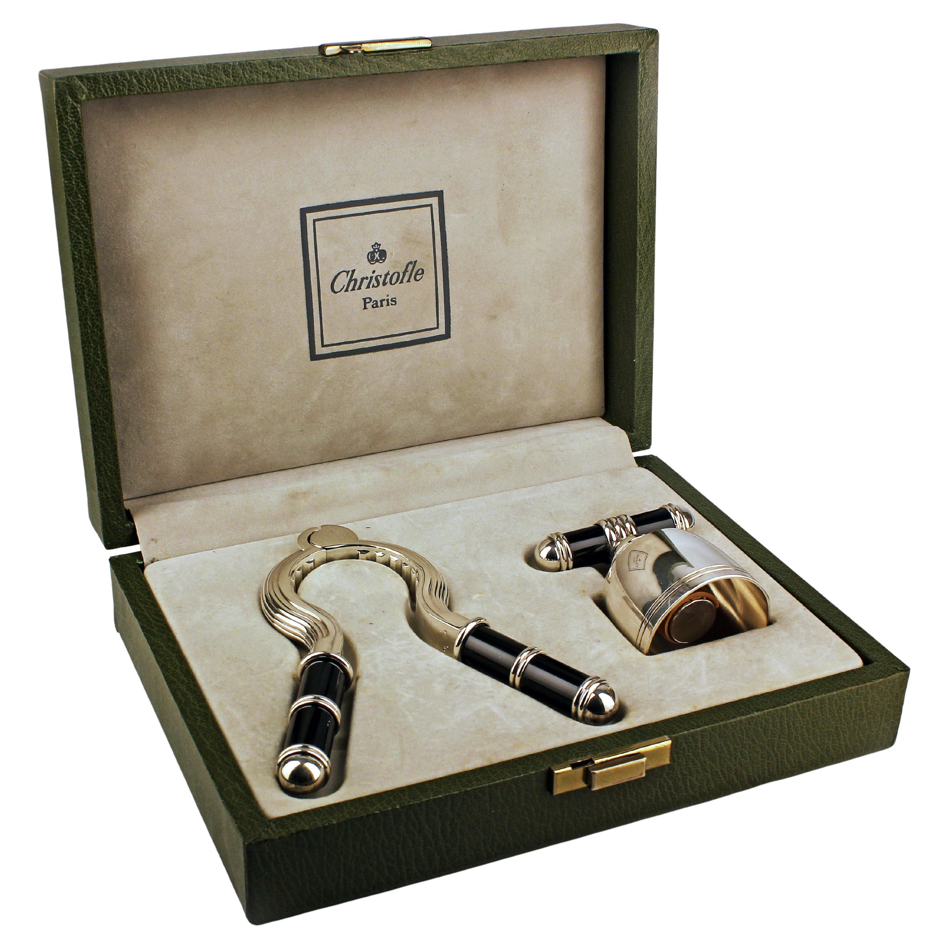 French Art Déco Silver and Lacquer Champagne Serving Set with Case by Christofle For Sale