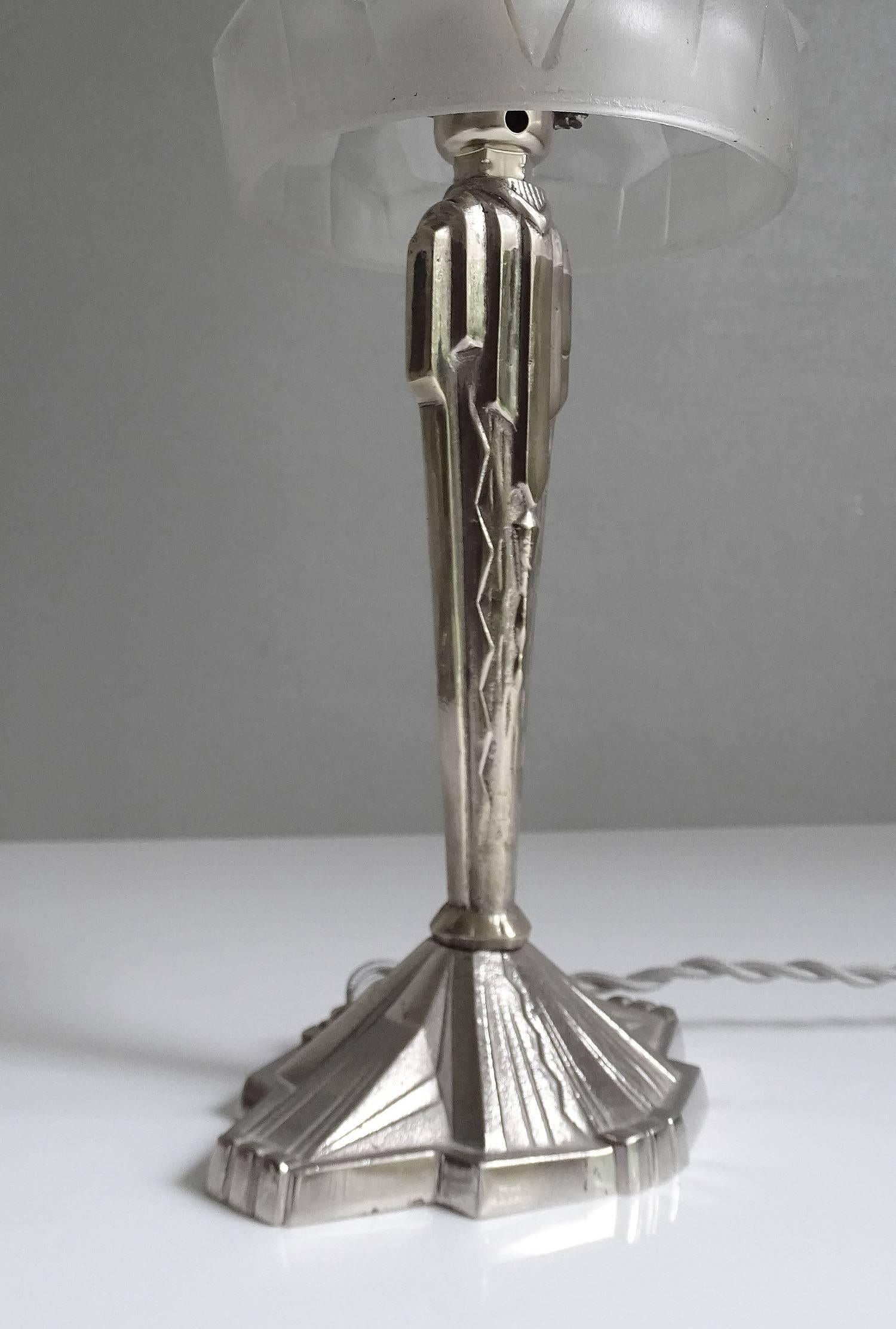 French Art Deco Silver Bronze and Glass Table Lamp 6