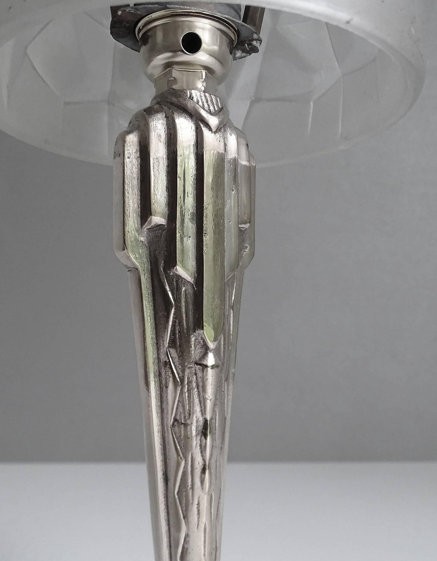 French Art Deco Silver Bronze and Glass Table Lamp 7