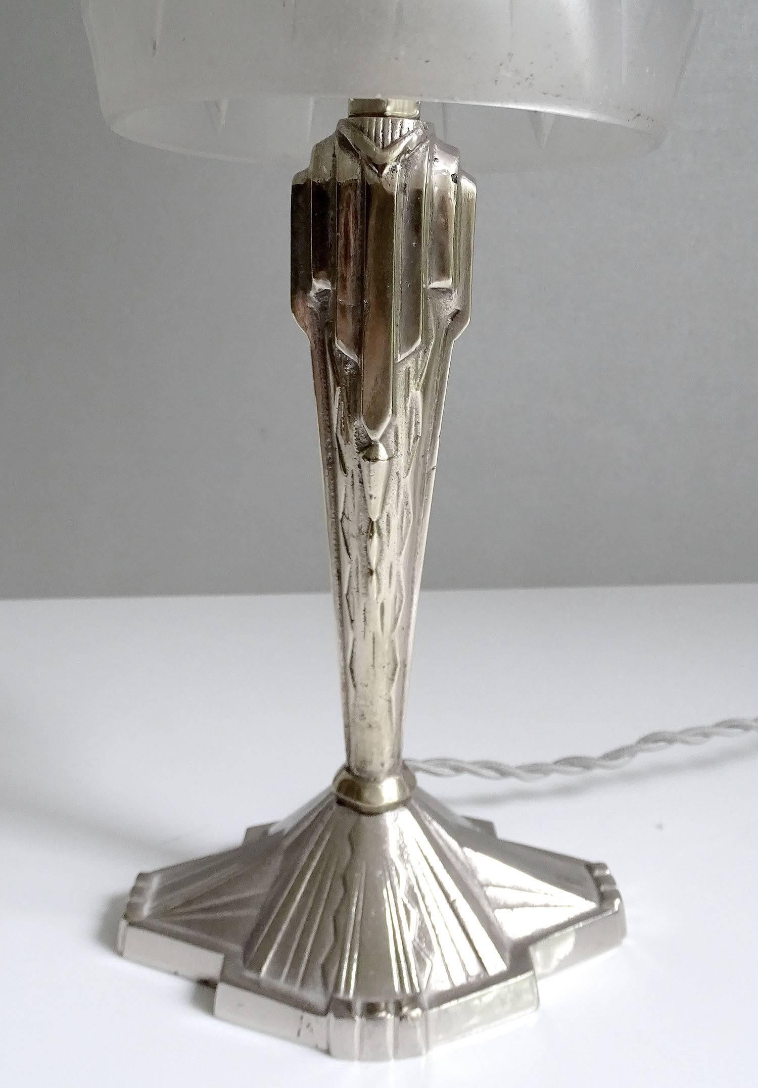 French Art Deco Silver Bronze and Glass Table Lamp 1