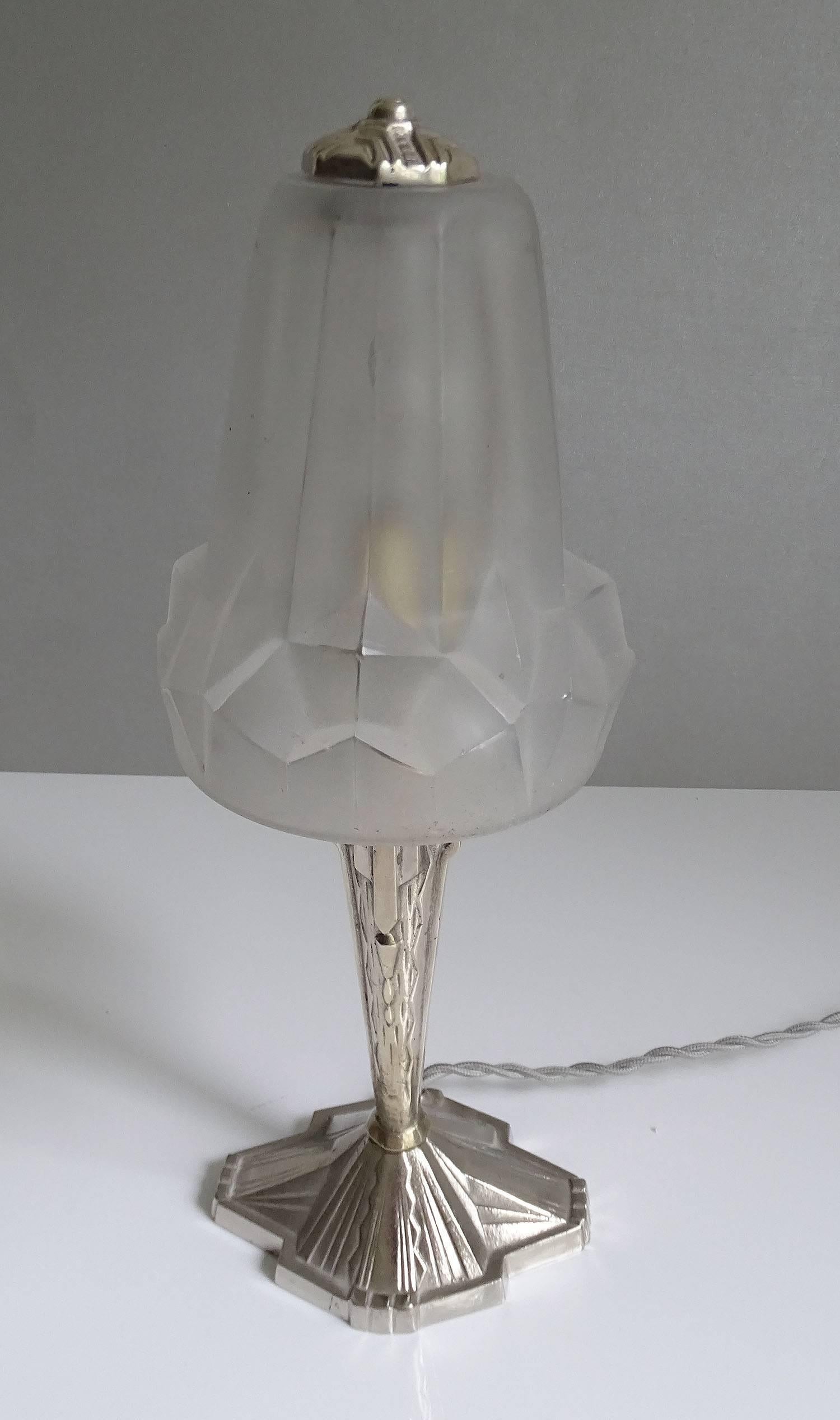 French Art Deco Silver Bronze and Glass Table Lamp 2
